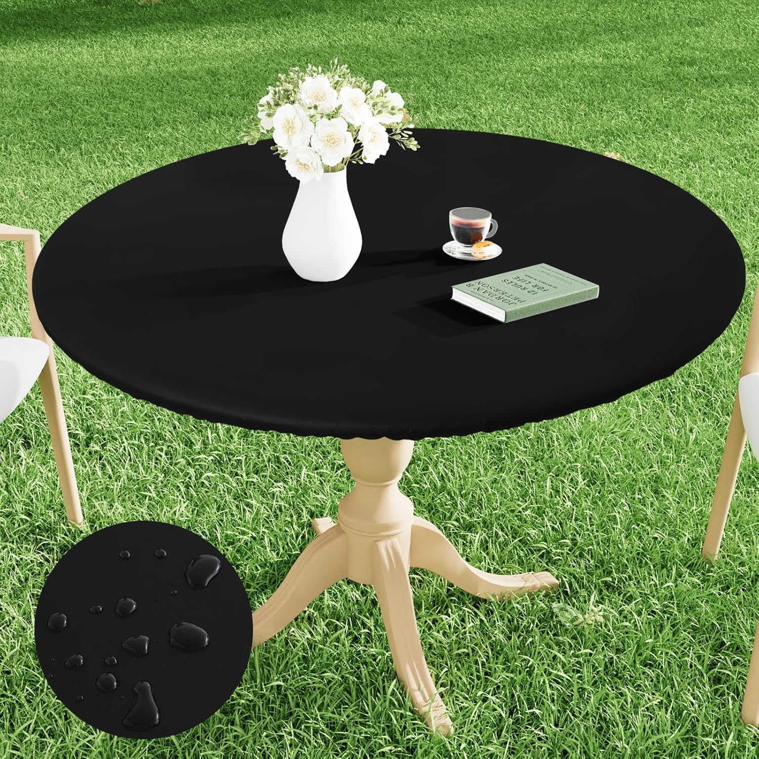 Smiry round Picnic Tablecloth, Waterproof Elastic Fitted Table Covers for 36" - 44" Tables, Wipeable Flannel Backed Vinyl Tablecloths for Camping, Indoor, Outdoor, White