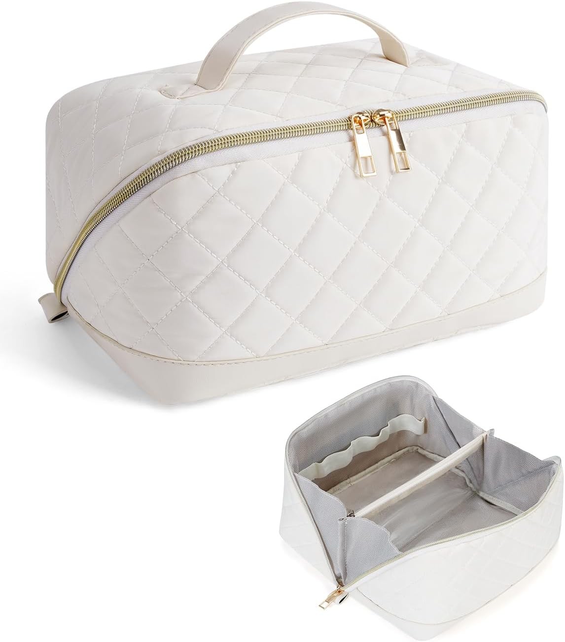 Women'S Large Travel Cosmetic Bag - Portable Makeup Bag with Handle & Transparent Separator - Water-Repellent Toiletry Bag Made of Quilted Fabric for Everyday & Bathroom (Patent Pending), Beige