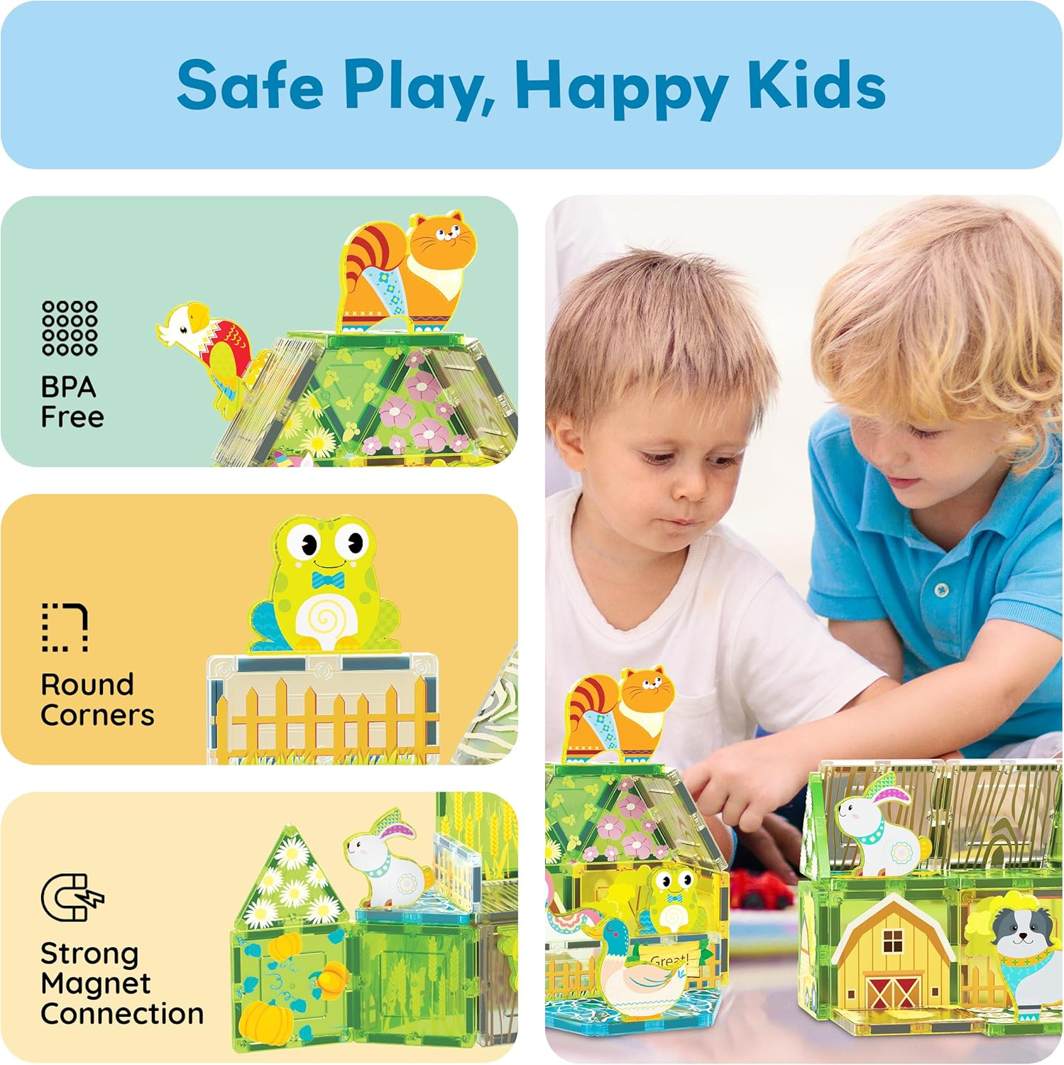 Picassotiles 26Pcs Magnetic Tiles Magnet Tile Building Blocks Printed Fall Farm Themed Animal Toy Set with 8 Farmyard Animals Character Action Figures STEM Learning Playset for Kids, Ages 3+ PTQ27 image number 4