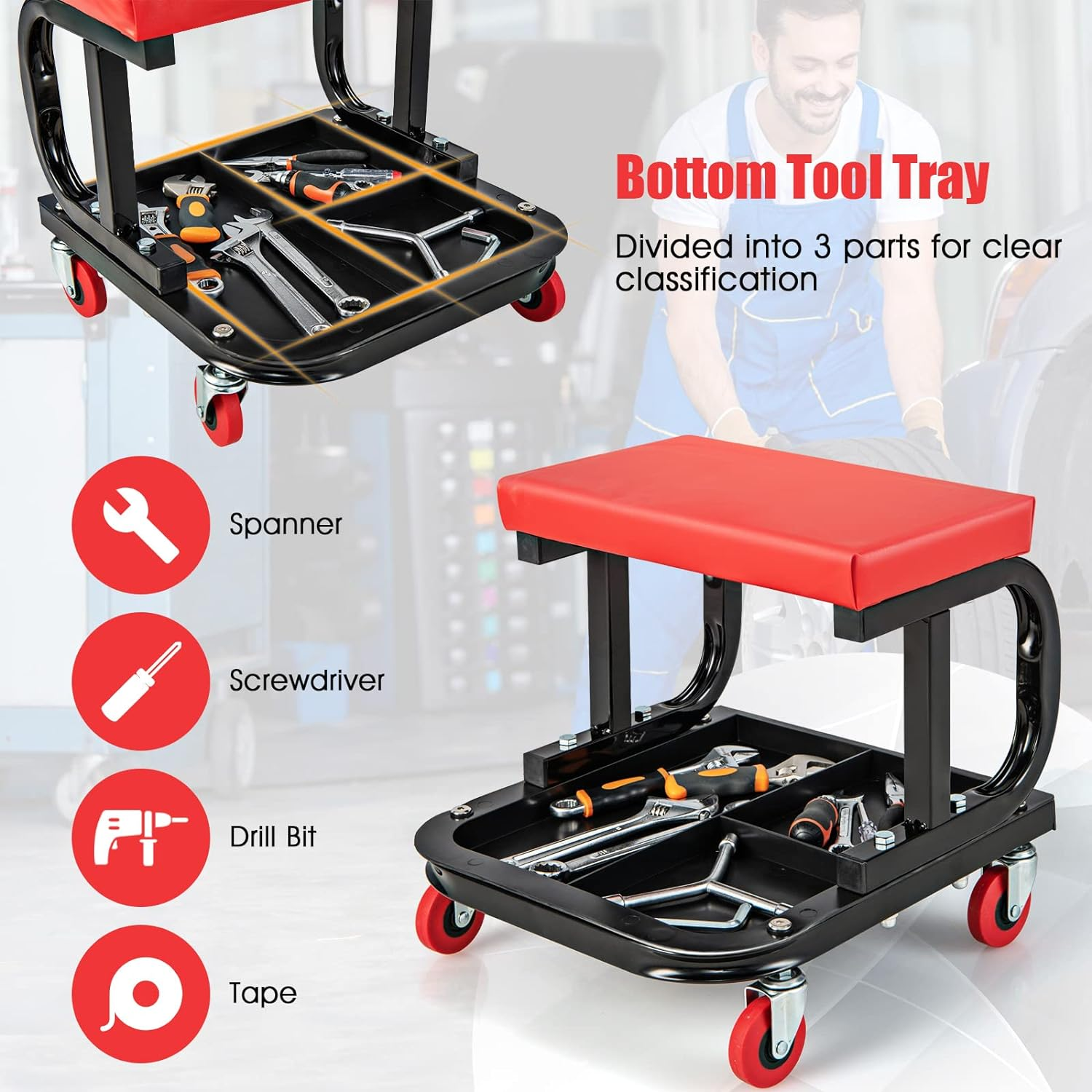 Costway Rolling Creeper, Garage/Shop Seat, Soft Padded Mechanic Seat with Tool Tray Storage, Rolling Creeper Seat with 4 Universal Casters, 150 Kg Capacity