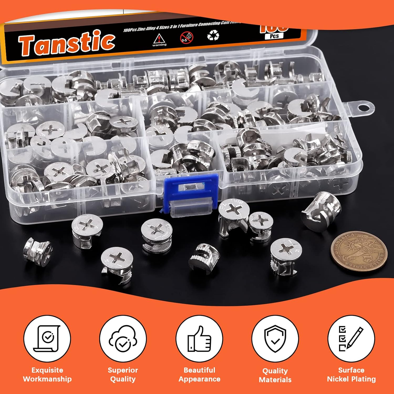 Tanstic 100Pcs 4 Sizes Furniture Connecting Cam Lock Fittings, Fastener Cabinet Connectors Hardware Bolts Lock Nut