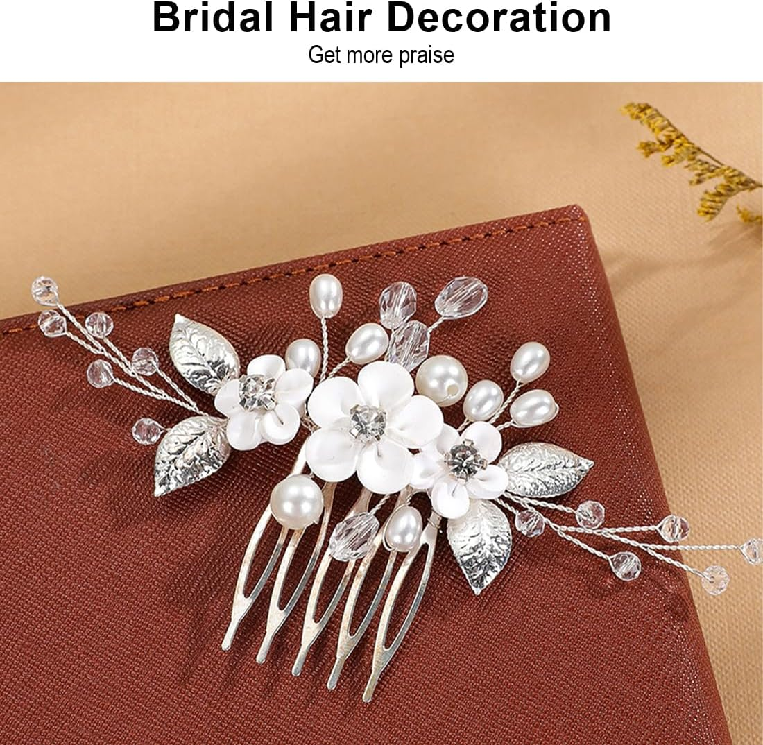 VIVIIHOO Flower Wedding Hair Comb with Silver Beads - Hair Accessories Wedding - Bridal Hair Accessories for Women and Girls image number 1