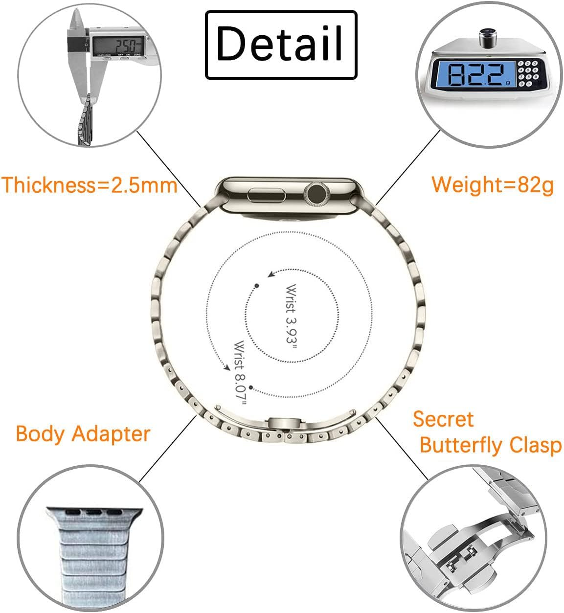 Maktech Stainless Steel Metal Link Bracelet Band for Apple Watch Series 11/10/9/8/7,Ultra 3/2/1,SE 3/2/1 [2025] (46Mm/45Mm/44/49Mm,Titanium Grey) image number 3