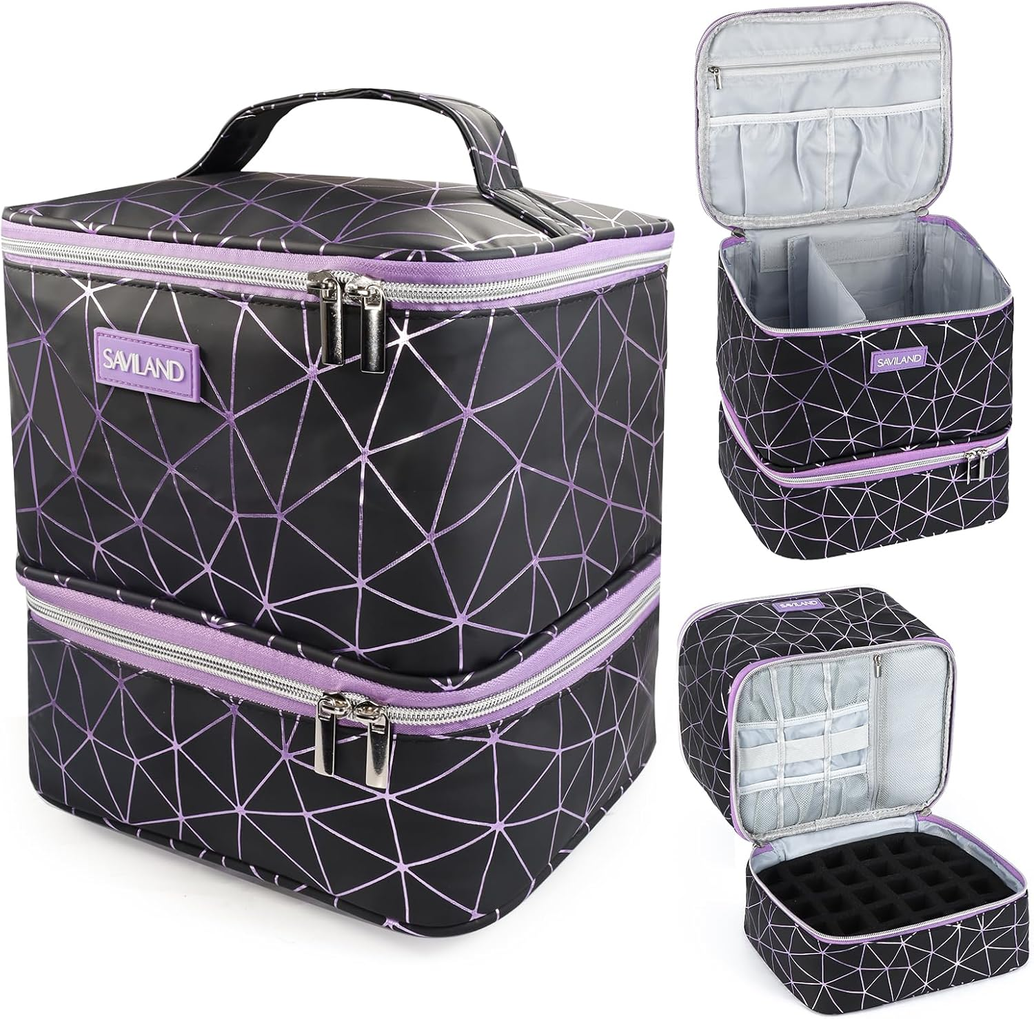 SAVILAND Nail Polish Organizer: All-In-One Nail Organizers and Storage Holds 30 Bottles Nail Polish Organizer Case Travel PU Leather Double-Layer Nail Supplies Organizer for Nail Tech Manicure Tools