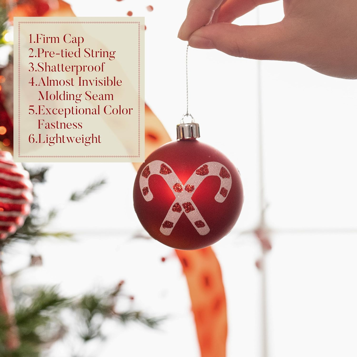 Valery Madelyn Christmas Valentines Ornaments Set, 16Ct Candy Cane Red and White Shatterproof Christmas Ball Ornament Set, 2.36 Inch Assorted Hanging Tree Decoration Bulk for Xmas Holiday Decor image number 2