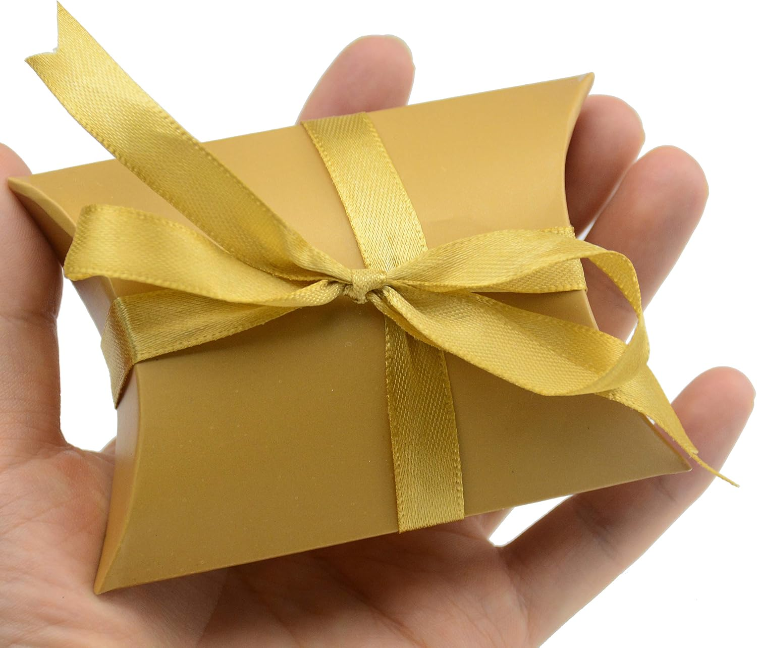 Aokbean 100 Pack Mini Pillow Candy Box Small Gift Boxes with 50 Yards Ribbon for Christmas Wedding Party Favor Gift, Jewelry or Soap Packaging (Gold) image number 4