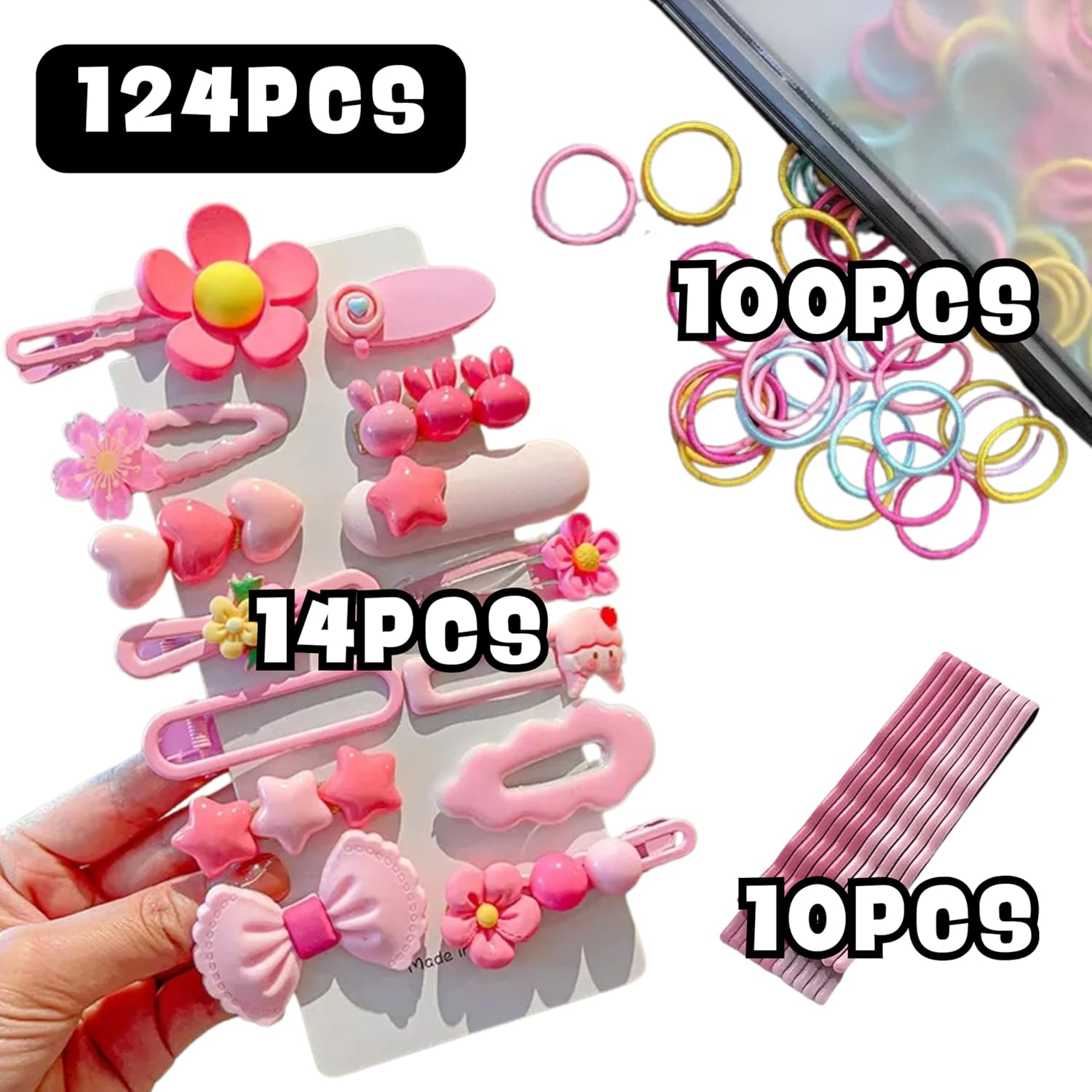 124-Piece Kids Hair Accessories Set, 14 Pcs Decorative Hair Clips with Hearts Stars Flowers Bows, 100 Hair Ties, 10 Bobby Pins (Pink) - Purple image number 6