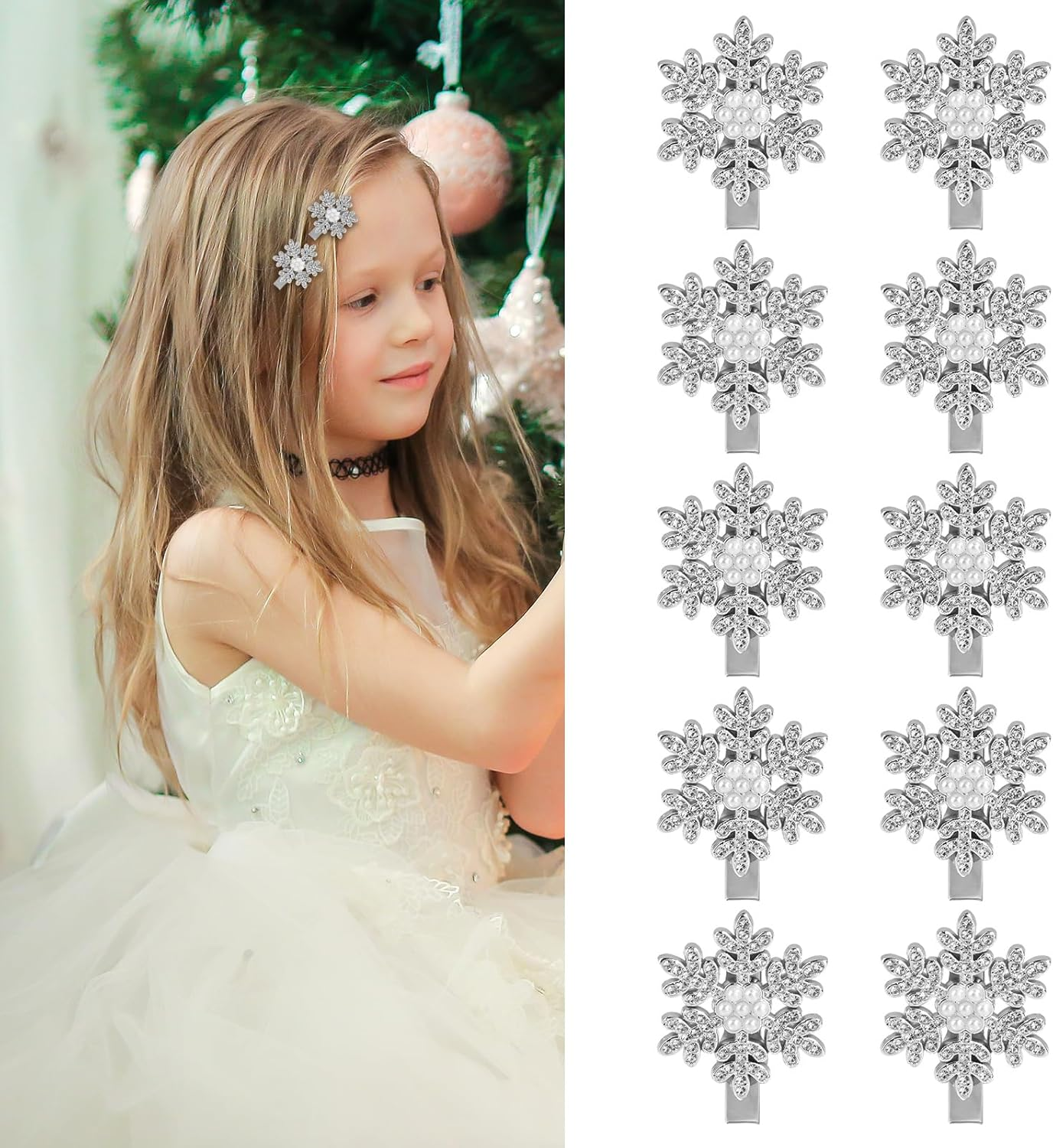 10Pcs Snowflake Hair Clip Accessories, Cute Pearl Rhinestones Christmas Hair Pins Festival Winter Snowflake Alligator Hair Barrettes Hairpin for Women Girls Xmas Holiday Hair Decorations Gifts image number 4