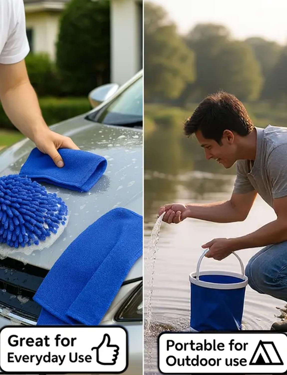 Portable 4-Piece Car Wash Kit: 1 13L Collapsible Bucket + 1 Chenille Microfiber Mitt + 2 Towels - a Versatile Cleaning Kit for Cars, Rvs, Outdoor Adventures, and Fishing image number 5