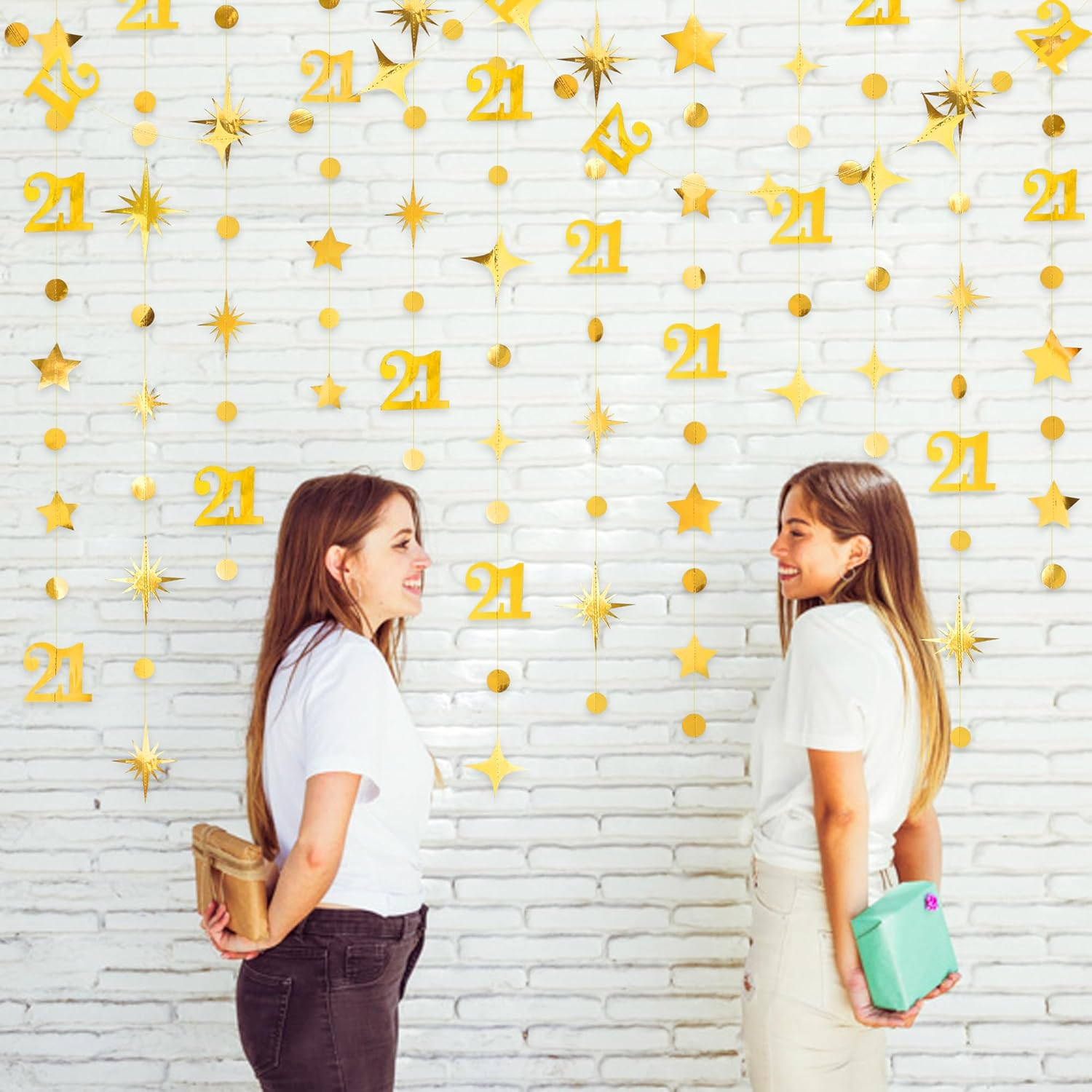 Gold 21St Circle Dot Star Streamer Garland Metallic Gold Paper 21 Sign Hanging Bunting Banner for Boys Girls Finally Legal Twenty One Birthday Happy 21 Years Old 21St Anniversary Party Decorations image number 3