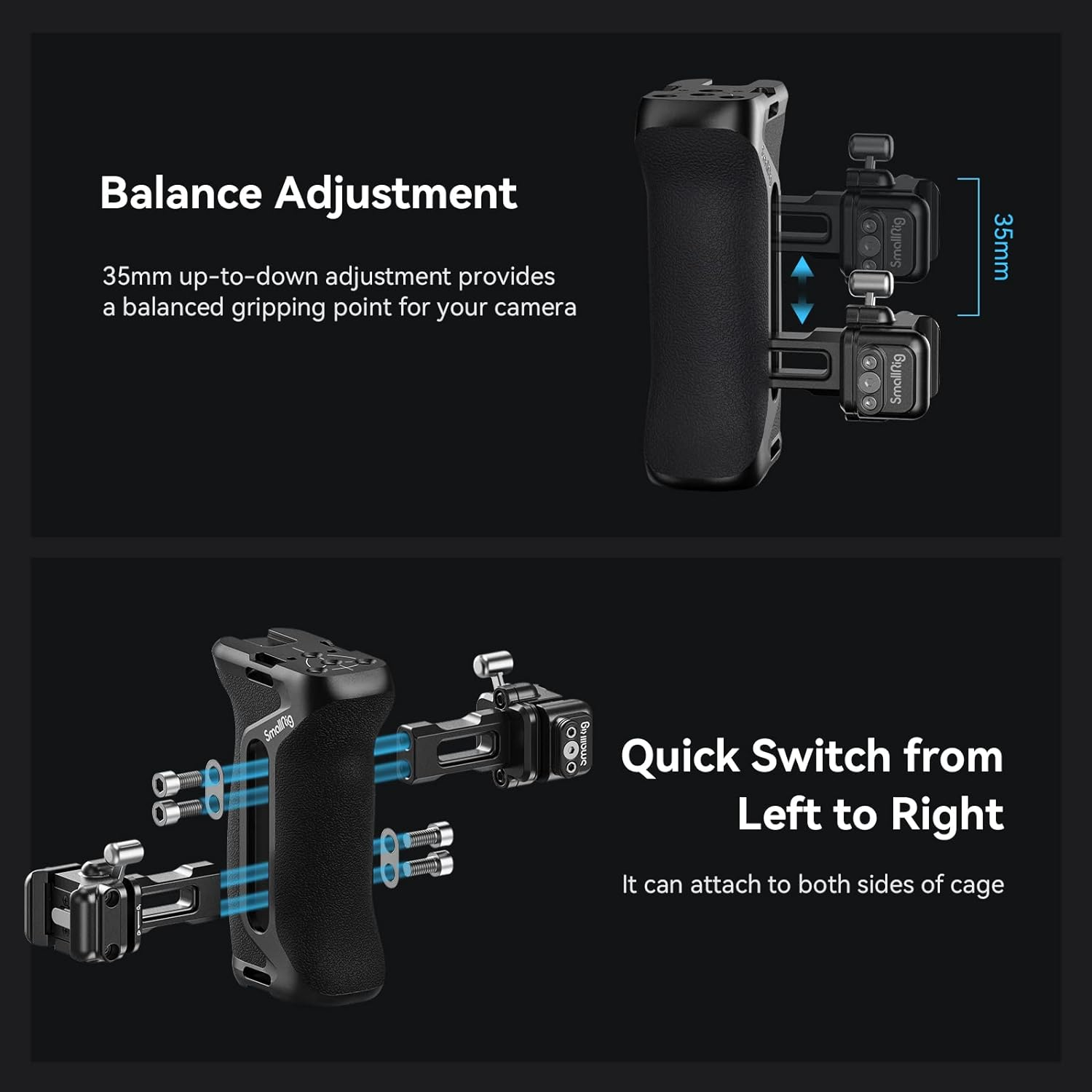 Smallrig Snap-On NATO Side Handle, Quick Lock Design, Up/Down Adjustable, Built-In Cold Shoe Mount, 1/4''-20 Thread Hole, Wrist Strap Hole - 4017 image number 5