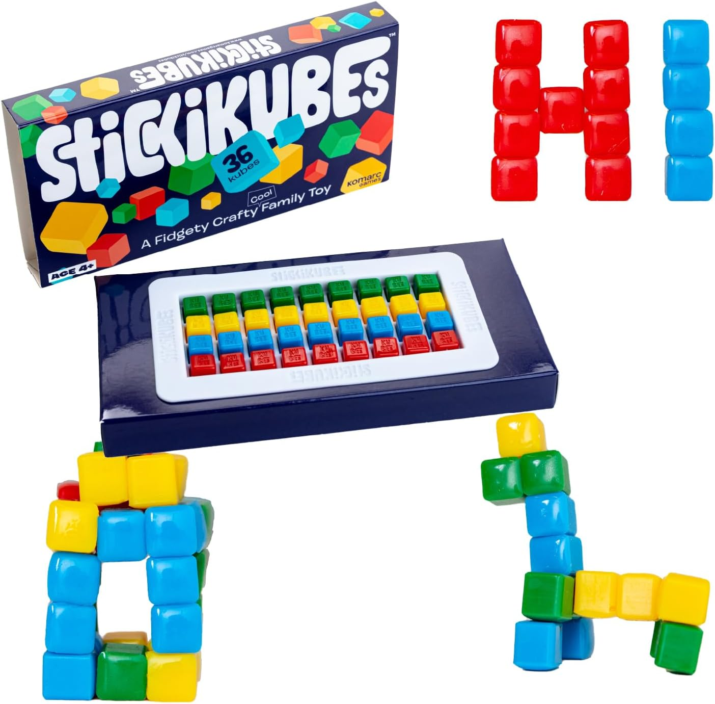 KOMARC GAMES Stickikubes - Mini Stacking Cubes That Stick to Anything - 125 Cubes in 4 Colors - Plastic Tub - Non Toxic Kid Safe image number 6
