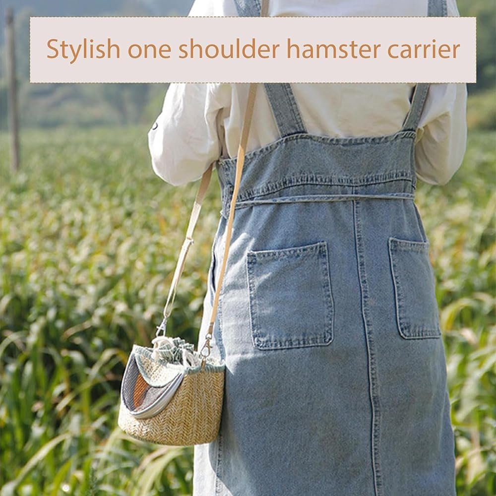 Small Animal Carrier Bag - Portable Breathable Straw Mesh Pet Carrier for Hamster, Guinea Pig, Bunny, Rat, Bird, or Small Pets - Lightweight Travel Outgoing Bag image number 5