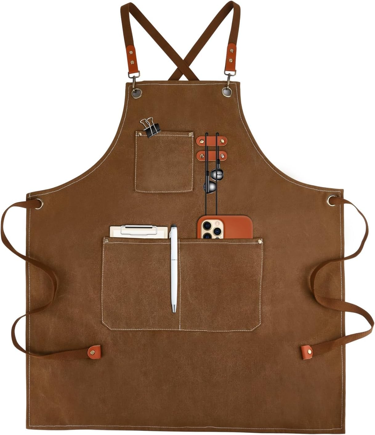 IKEEP Canvas Work Aprons for Men with Pockets Adjustable Strap and Large Pockets Apron Kitchen Cooking Baking Chef Apron image number 3