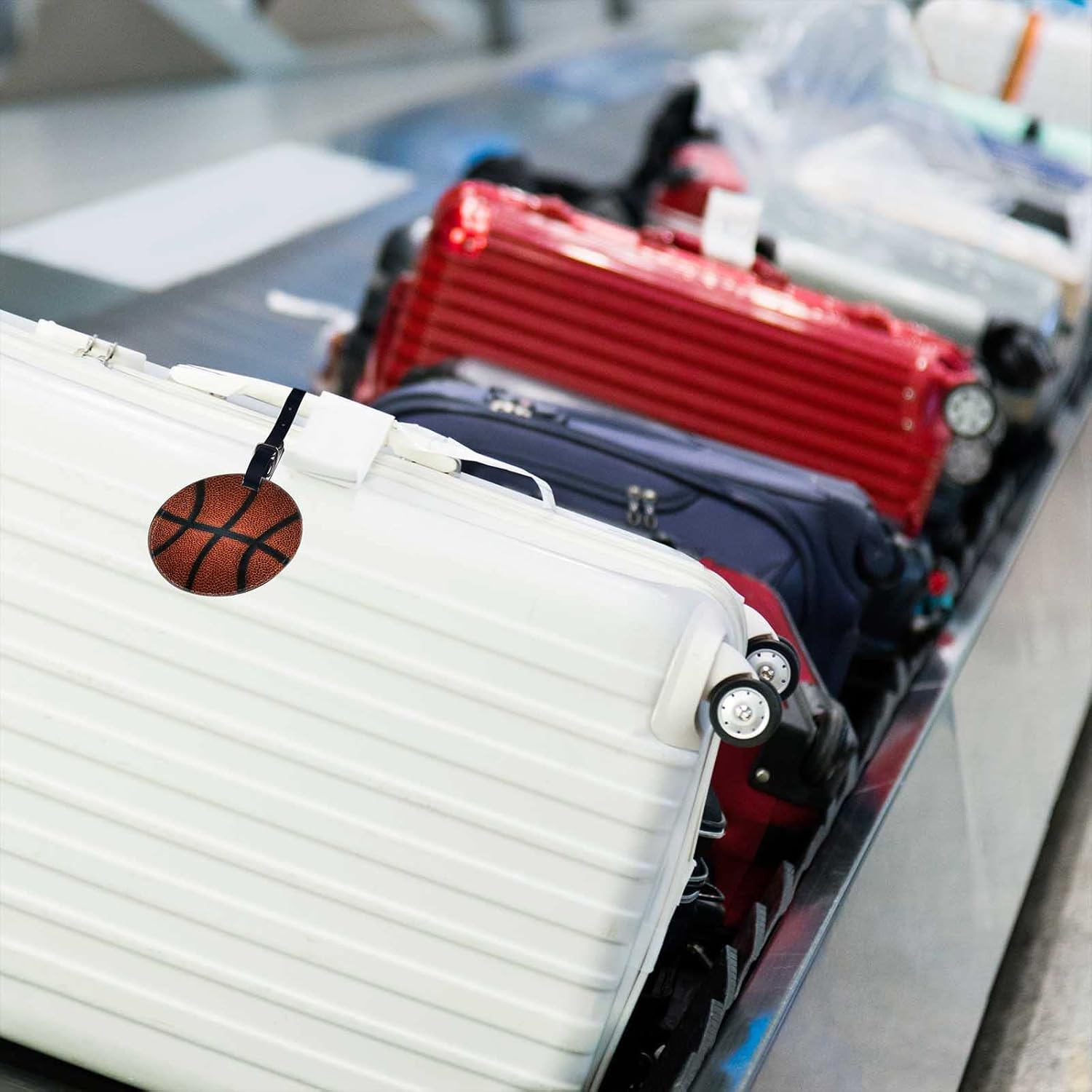 TKS MITLAN Basketball Luggage Tag for Suitcases Game Leather Texture Spot Sport Red Black Color Team Popular Art Cool Ball PU Leather Bag Travel Suitcase ID Identifier round Baggage Tags (1 Pack)