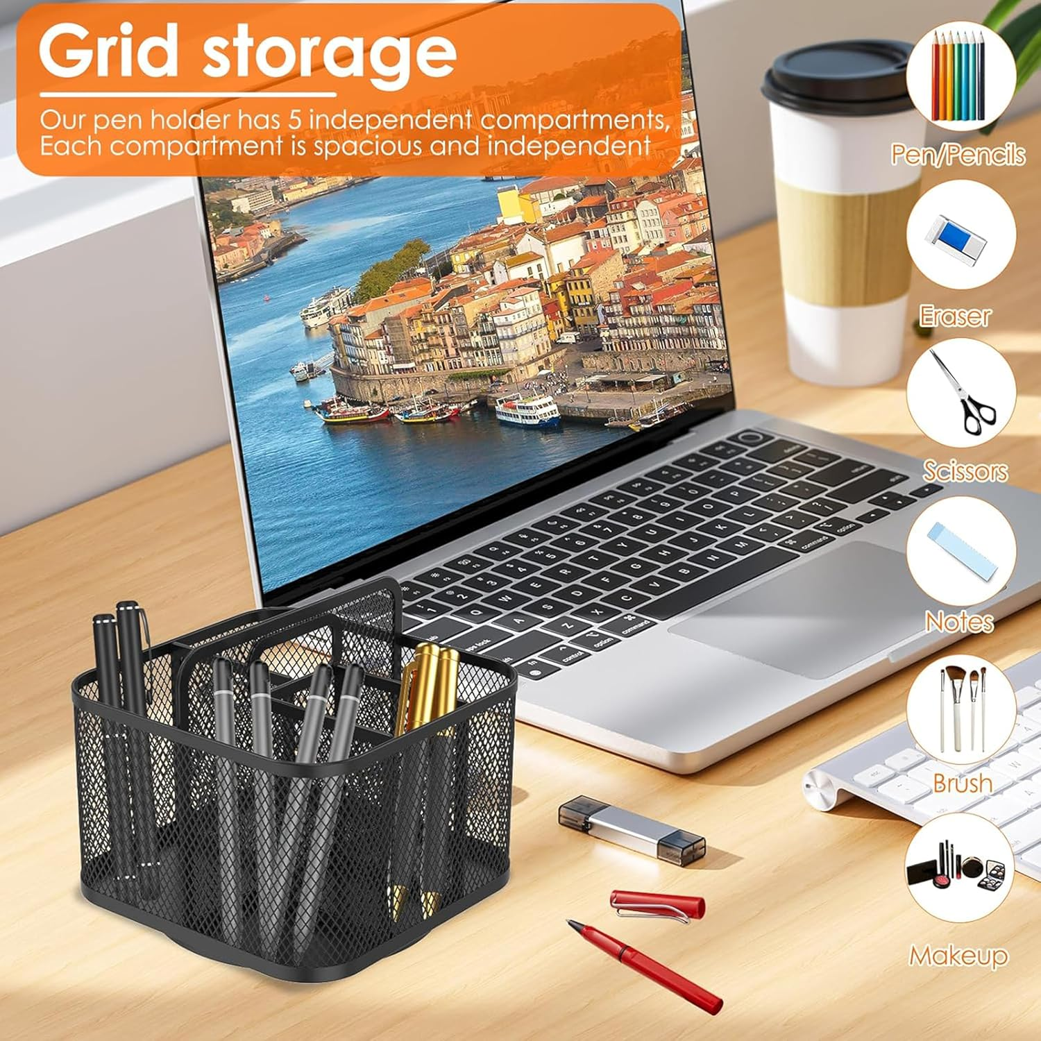 360-Degree Rotating Metal Desk Pencil Holder, 5-Slot Office Pen Cup Organizer for School, Home (Square) image number 6