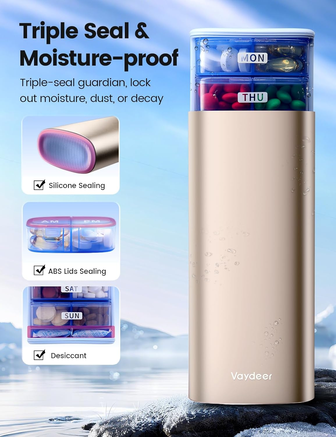 Vaydeer Large Weekly Pill Organizer 2 Times a Day,Metal 7 Day Travel Pill Box with Double Protection,Am PM Pill Case for for Medication, Vitamins, Fish Oils, Supplements(Champagne Gold) image number 6