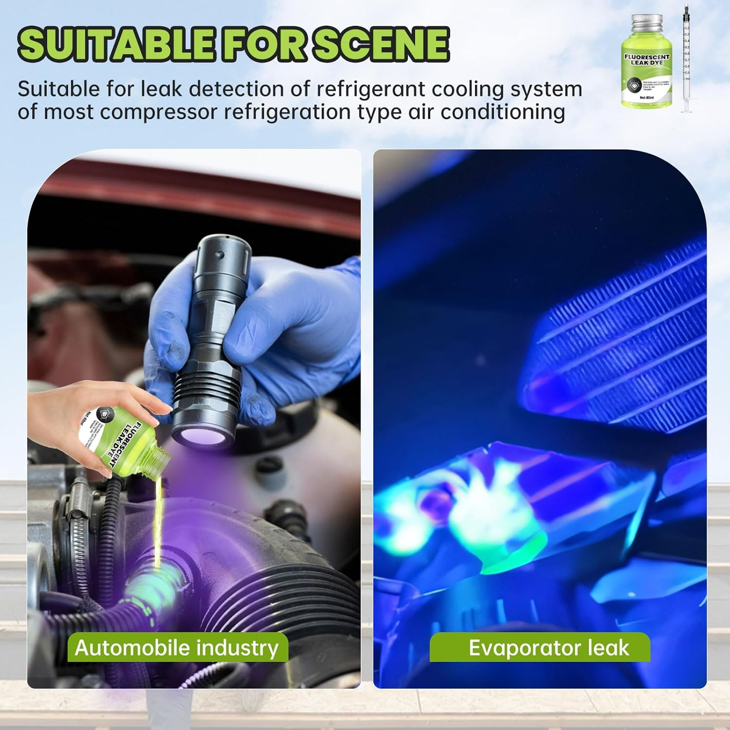 Allony Fluorescent UV Dye, Leak Detection Tracing Dye, Green UV Dye Detector for Detecting Refrigerant Gas Leaks in Vehicle Air Conditioning Systems, Includes R134A Adapter 60Ml image number 6