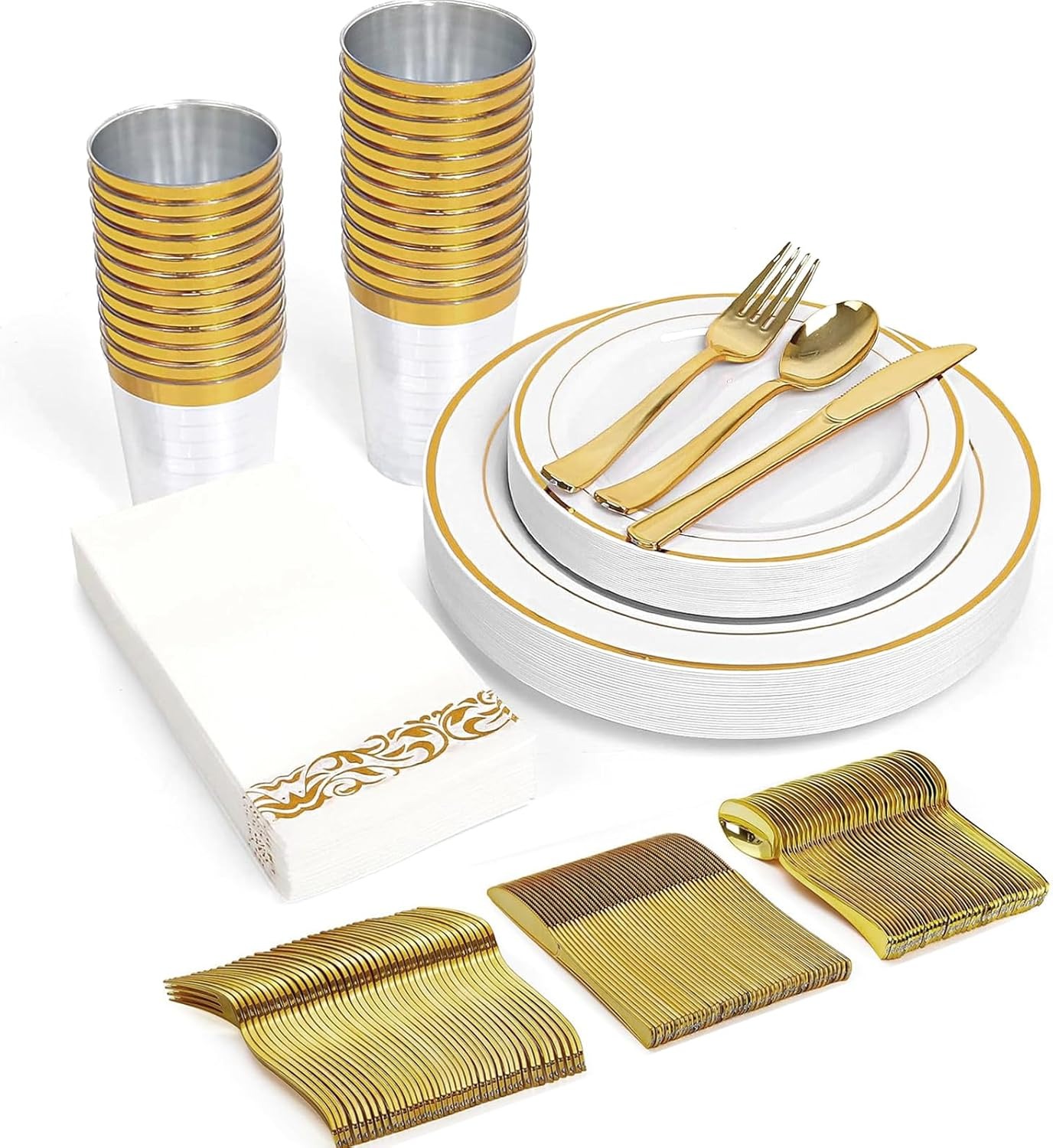 175 Pieces Gold Dinnerware Set for 25 Guests, Party Plate Sets White Plates with Gold Lace Rim Design, Including 25 Reusable Dinner Plates, Dessert Plates, Silverware Set, Cups and Napkins image number 4