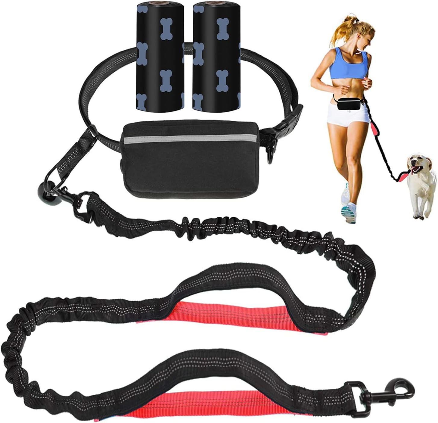 UPET Hands Free Dog Leash Professional Reflective Training Leashes Small Medium and Large Dogs Accessories Leads Suitable for Running Walking Jogging Hiking Adjustable Waist Belt Zipper Pouch（Green）