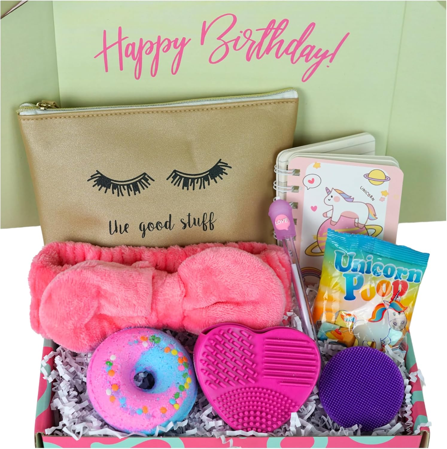 Birthday Gift Box for Teen Girls, Spa Gift Set, Gift for Girls, Teen Girl Gift Box- Set of 8 Unique Presents Hair Band, Cosmetic Bag, Makeup Brush Cleaning, Bath Bomb for Girls 9-15 Teens