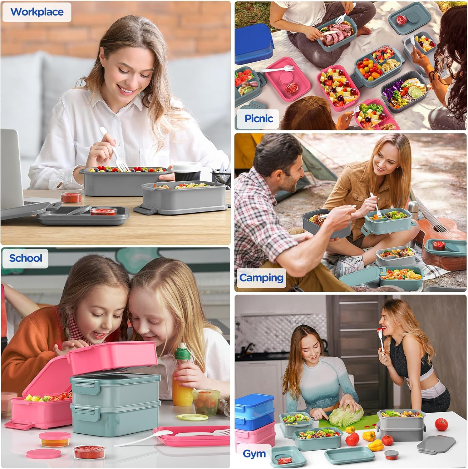 Dacool Bento Box Adults Lunch Container - 74 OZ Stackable Leakproof Bento Lunch Box for Adults Men Boys Teens Large Lunch Box Containers with Fork Spoon Sauce Boxes for Work School Dining Out, Blue - 1-Morandi-Green image number 5