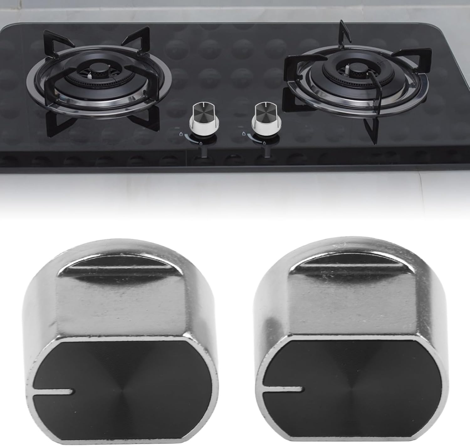 2Pcs Gas Stove Knobs, Zinc Alloy Replacement Control Knobs for Most Gas Cooktops, Silver & Black, Non-Slip Grip (36Mm Diameter) image number 3