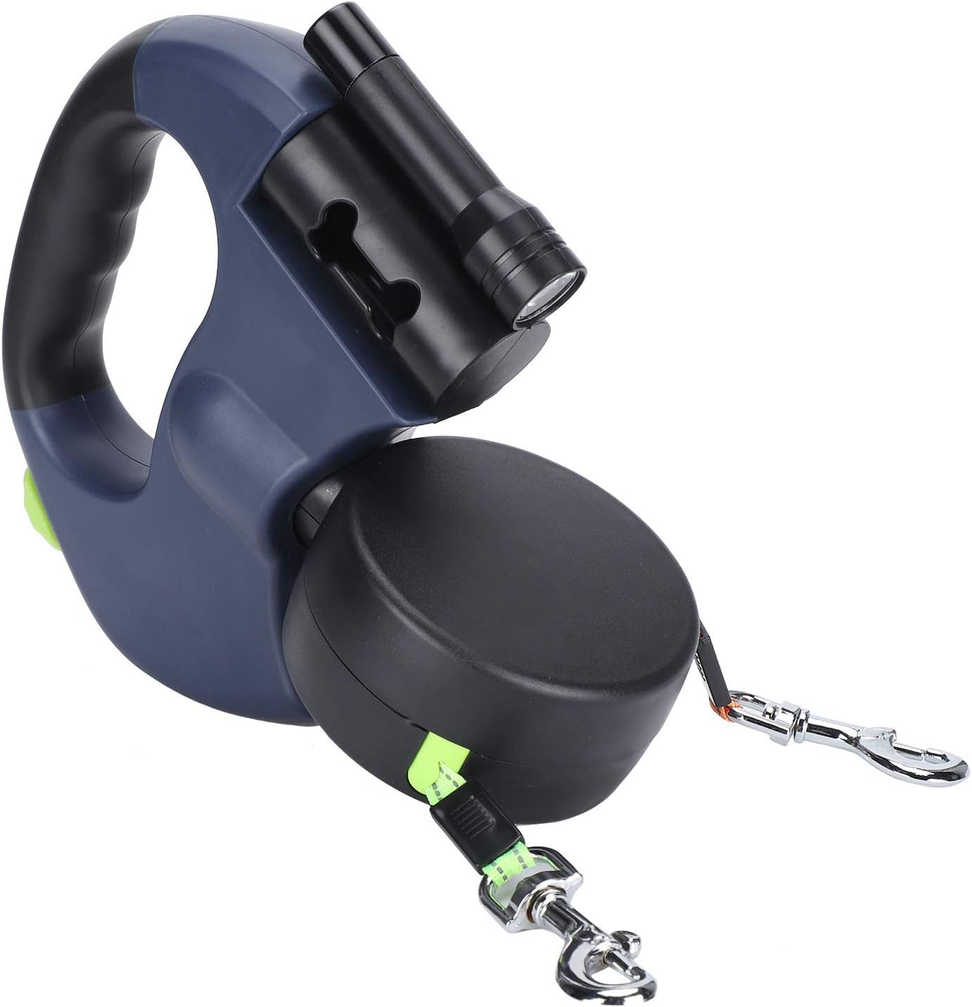 Dual Retractable Dog Leash, Double-Head Lockable Extendable Pet Leash with LED Flashlight, 9.8Ft Reflective Nylon Ribbon, 360&deg; - for Two Dogs Walking Training, up to 110 Lbs Total