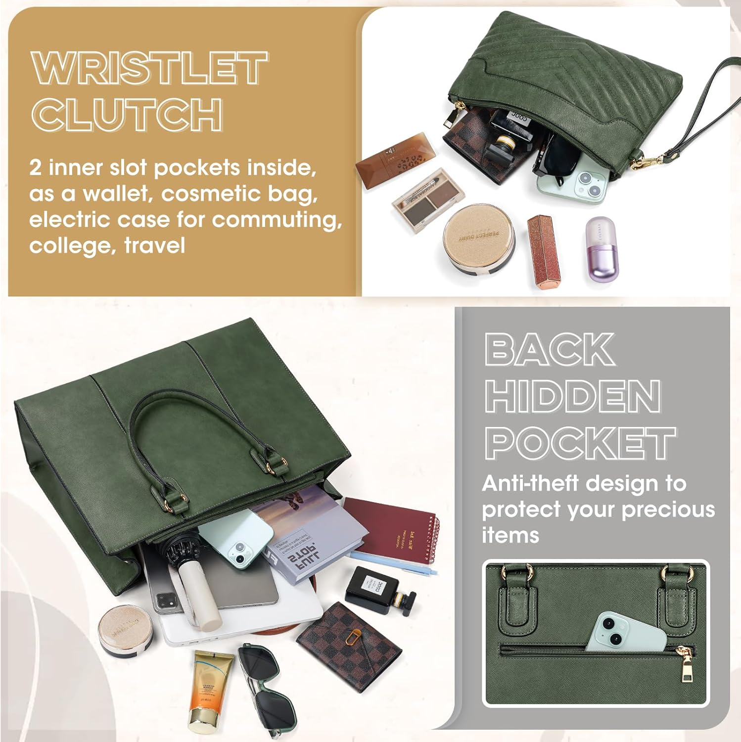 NEWHEY Laptop Bag for Women 15.6 Inch Work Tote Leather Computer Bag with Clutch Purse Professional Office Briefcase Waterproof Handbag Shoulder for Business Travel College image number 2