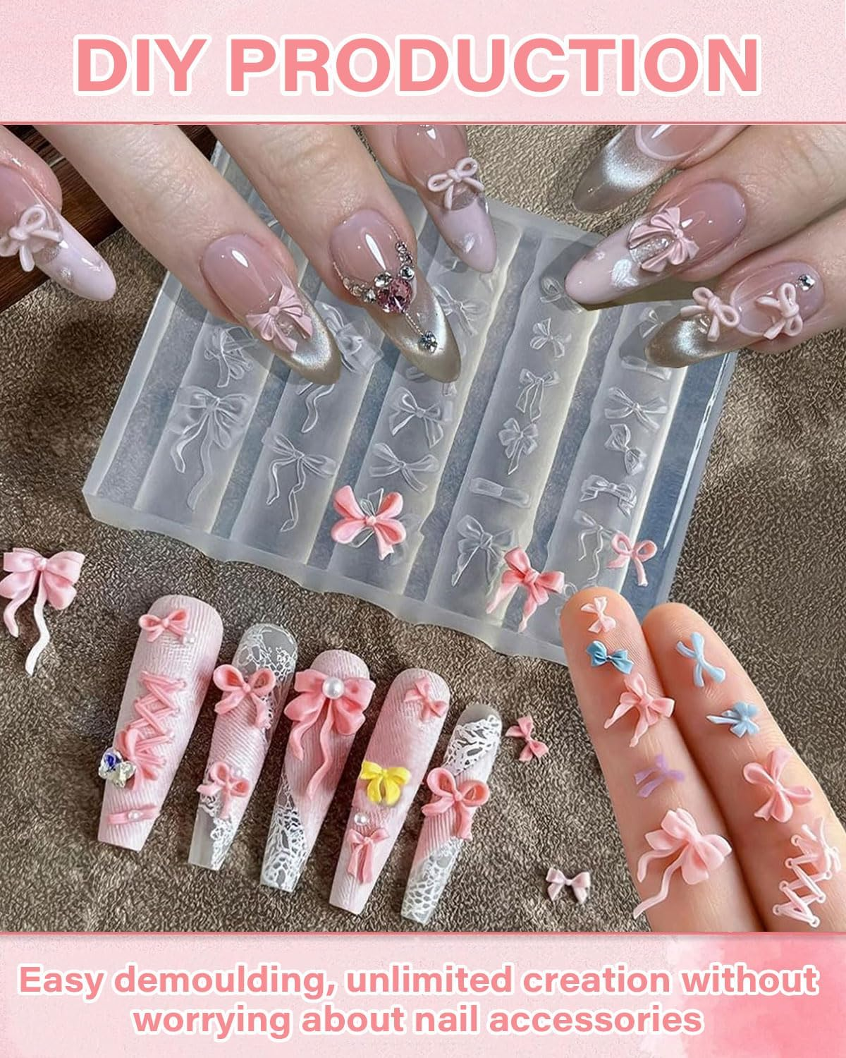 FUGLUS 3D Gel Nail Art Silicone Mould Bow Nail Charms Casting Moulds Bow Nail Stencil Nail Art Resin Shapes Nail Stencils Silicone Mould Nail Design Accessories image number 2