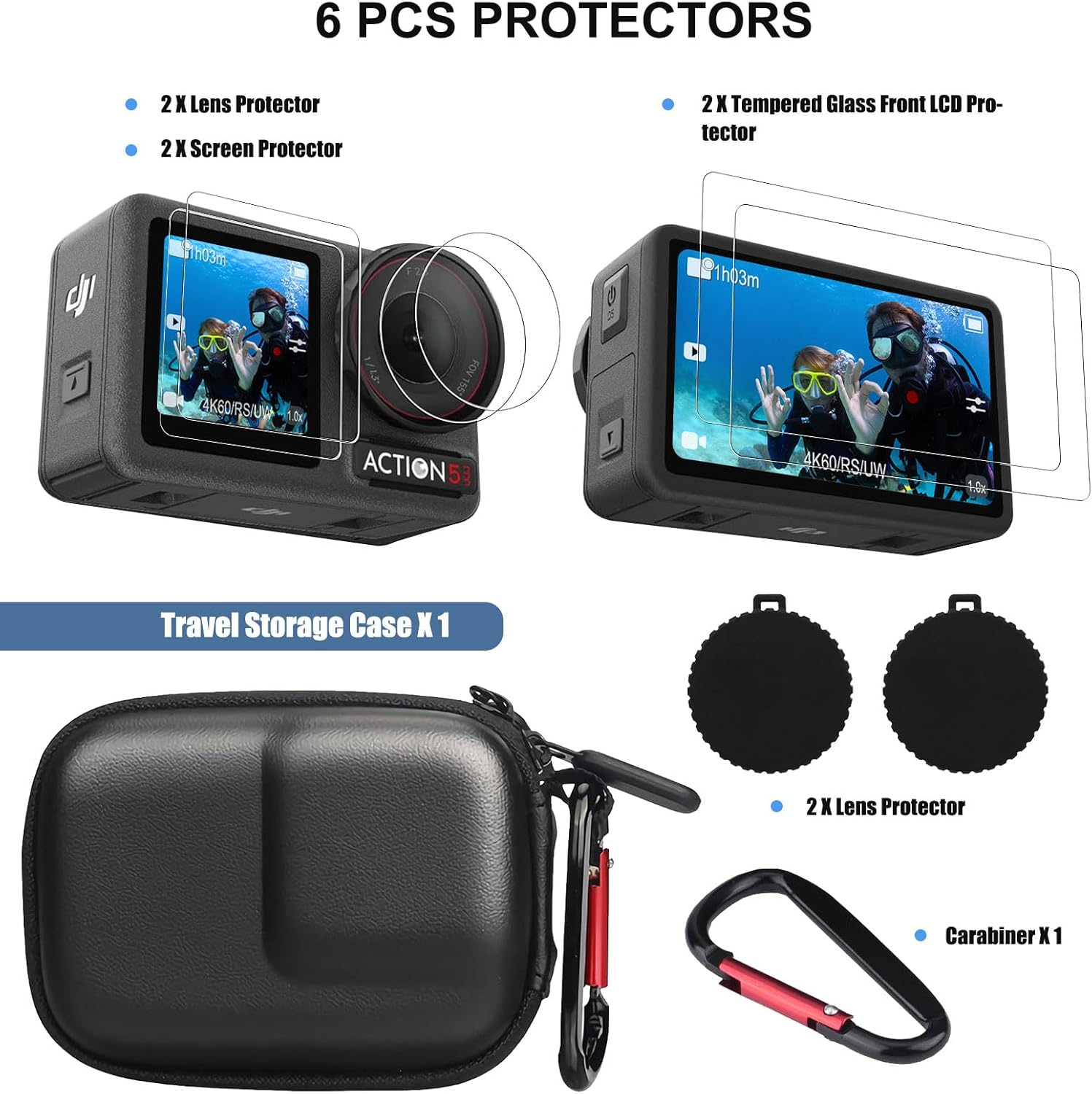 Veftsvy DJI Osmo Action 5 Pro Case Kit, Carrying Case, 9H Screen Protector, Silicone Lens Cap - Shockproof, Scratch-Resistant, Dustproof, All-Round Protection for Osmo Action 5/5Pro Camera
