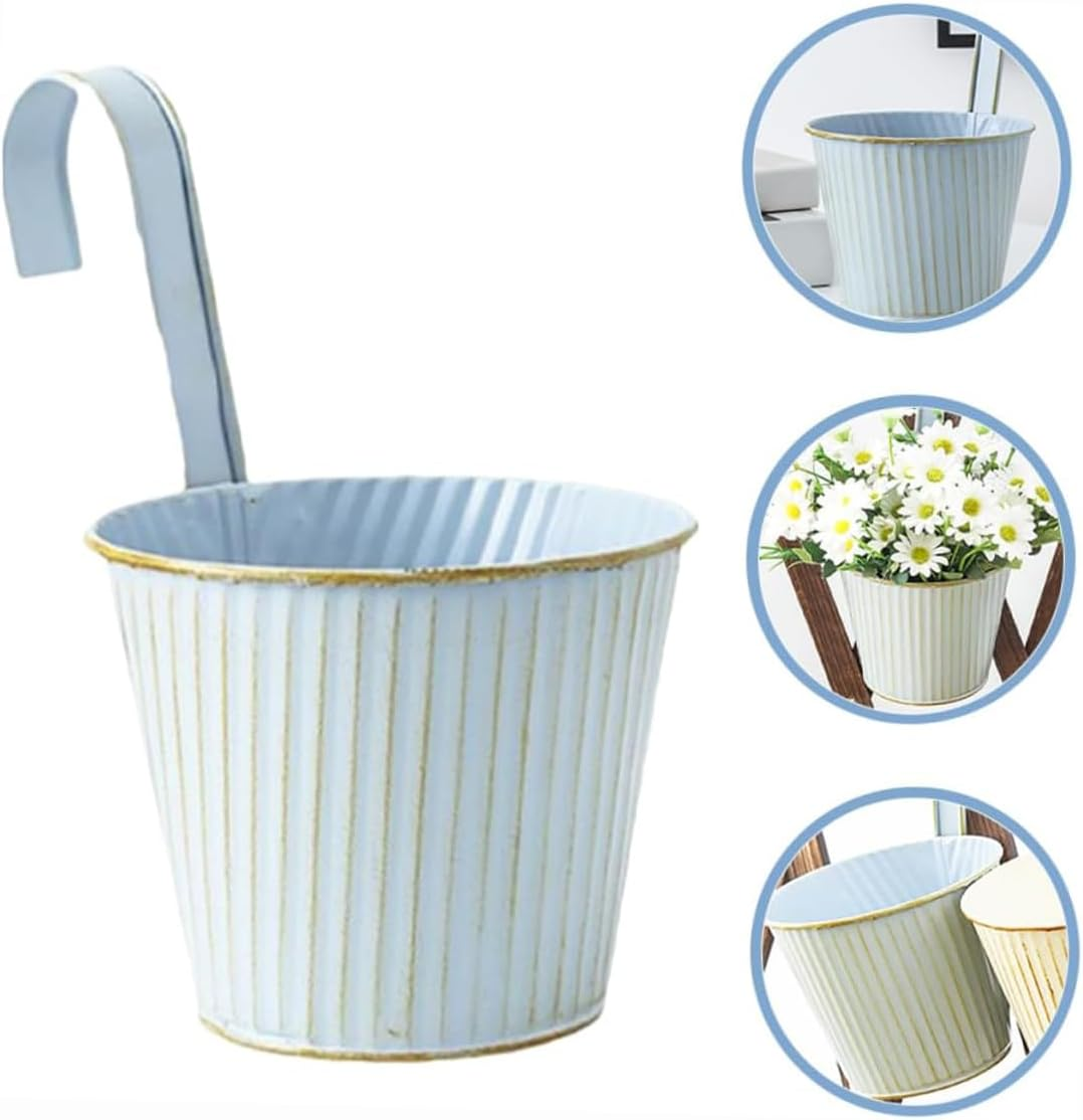 5 Pack Hanging Planters with Hooks, 9Cm Metal Bucket Hanging Flower Pots for Balcony Railing Fence Deck Rail Porch Window Box, Outdoor Garden Planters Basket(Blue) - Blue image number 6
