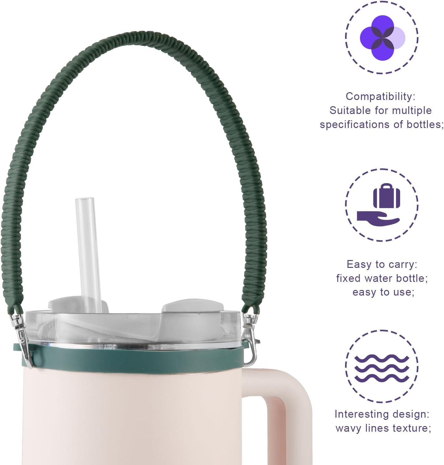 Water Bottle Handle Attachment for Stanley, Silicone Water Bottle Strap Portable Water Bottle Sling, Accessories for Most 8-40Oz Cups - Black image number 2