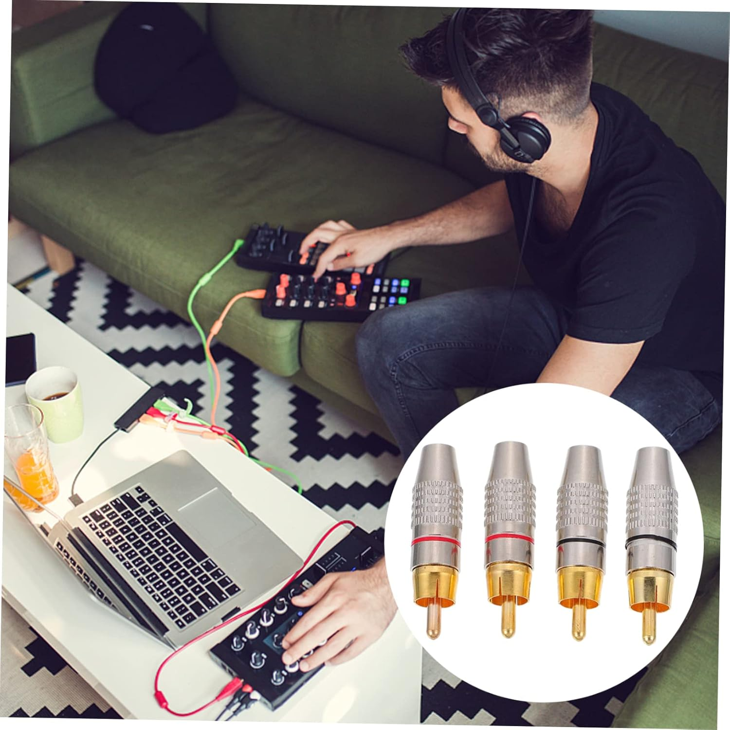 FELTECHELECTR 4Pcs Gold-Plated Male Audio Plugs Connector Set for Speaker and Av Cable Professional Hi-Fi Sound System Accessories with Colored Rings for Home Theater image number 2