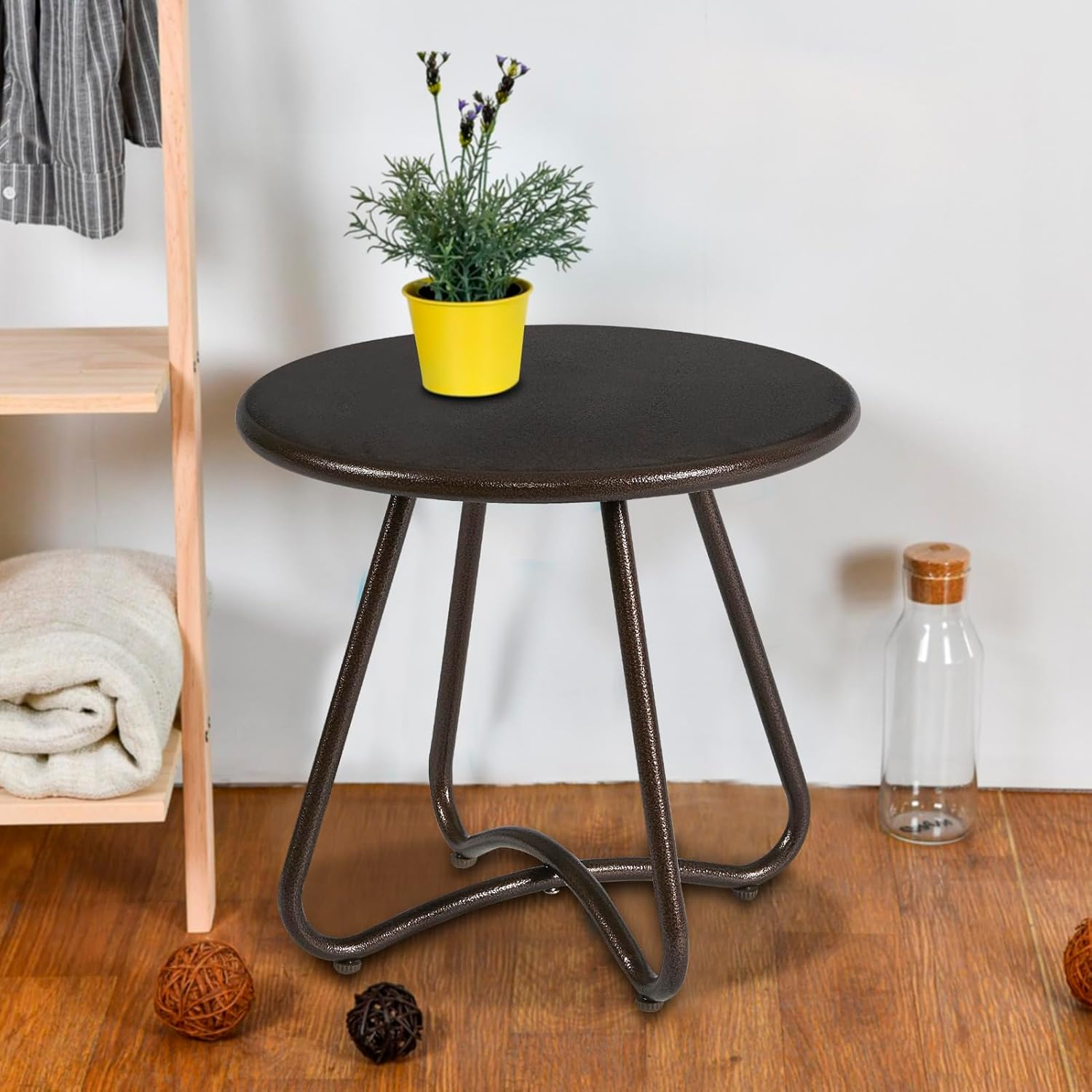 YIYAN Patio Small Side Table Waterproof round Metal Steel Weather Resistant Portable Outdoor and Indoor End Table for Garden Balcony Yard(Brown)