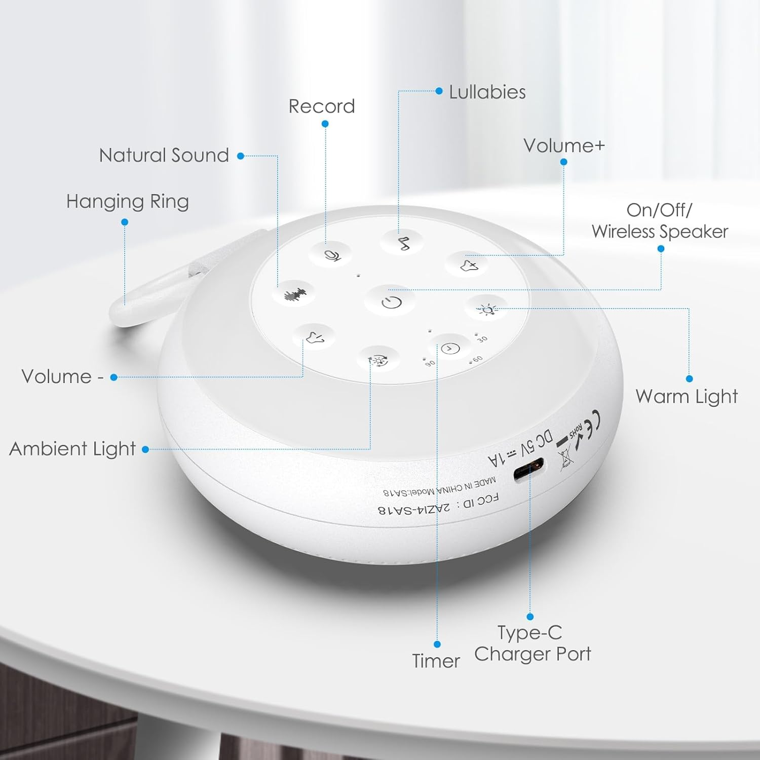 Musotica White Noise Sound Machine for Baby & Adult Sleeping, 24 Soothing Sounds, 7 Color Night Light, 3 Timer Options, Wireless Speaker, Portable Size, Noise Canceling image number 4