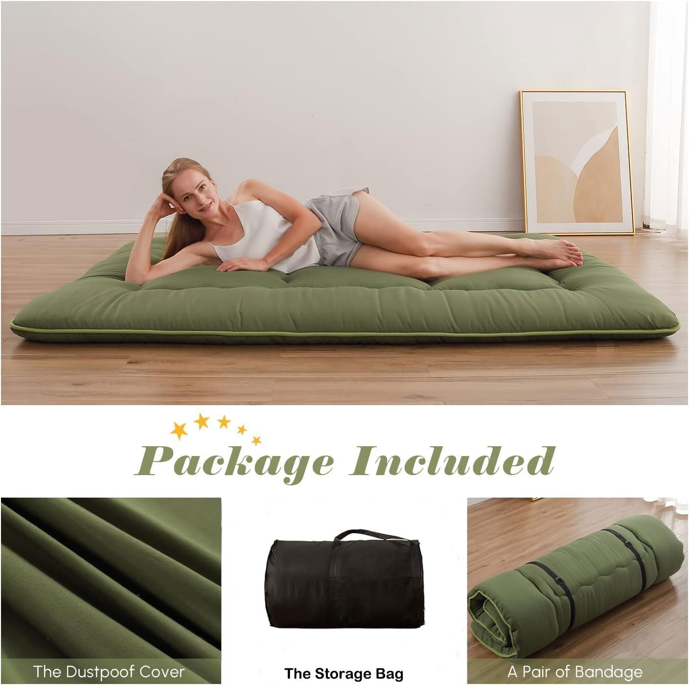Zentora Japanese Floor Mattress, Futon Mattresses with Portable Storage Bag and Washable Cover, Roll up Thick Tatami Mattress Suitable for Camping, Guest Room (Green, 150 X 200 Cm) image number 1