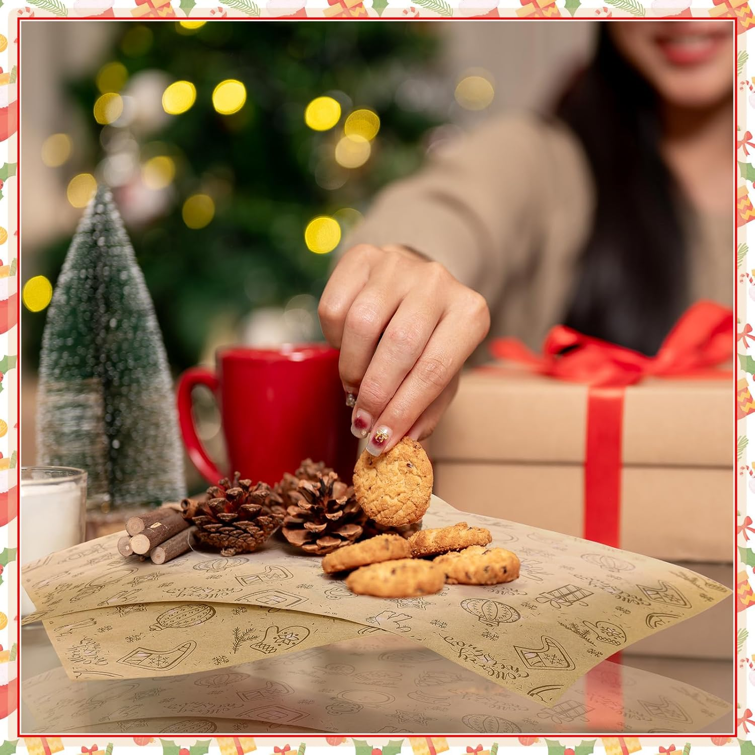 150 Pieces Wax Paper Sheets Christmas Wrap Paper Grease Resistant Paper Liners Greaseproof Paper Food Wrap Wrapping Tissue Sandwich Wrap Paper for Restaurant Food Supplies (Cute Style, Brown) image number 1