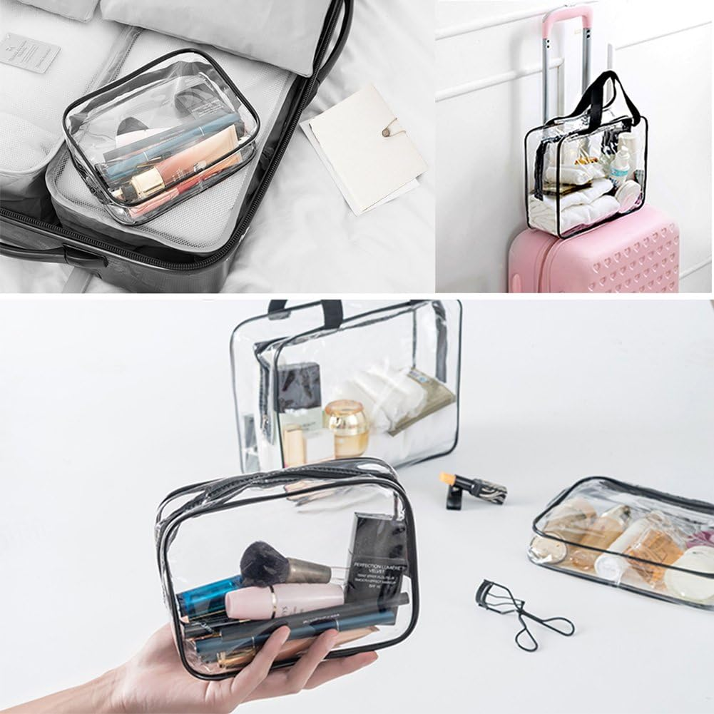 Clear Makeup Bags, APREUTY TSA Approved 6Pcs Cosmetic Makeup Bags Set Waterproof Clear PVC with Zipper Handle Portable Travel Luggage Pouch Airport Airline Bags Vacation Gym Bathroom Organization - Black-3Pcs (Large) image number 4