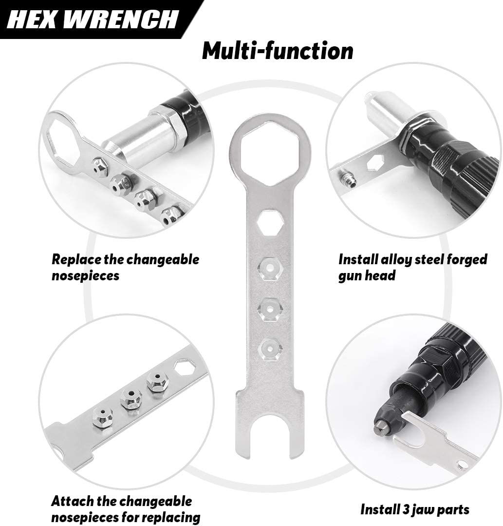 Swpeet 211Pcs Black Alloy Steel Electric Rivet Gun Adapter Kit, Including 2.4/3.2/4.0/4.8Mm Diameter Rivet Head and Handle Wrench with 500Pcs Aluminum Blind Rivet Kit image number 4