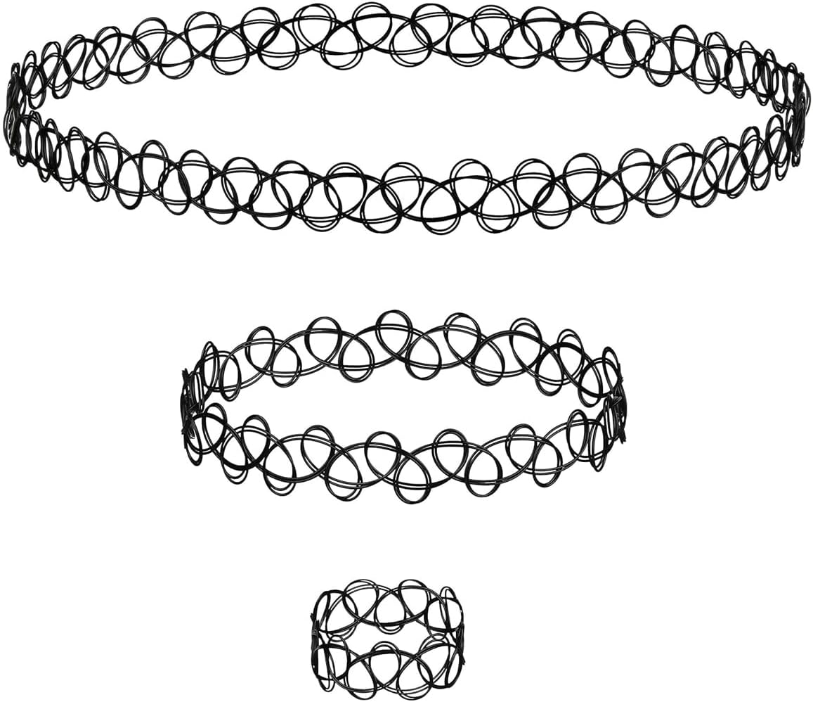 Weforu 3Pc Assorted Tattoo Choker Necklace Set - 90S Accessories Old School Jewelry Gothick Black Stretchy Collar Bracelet & Ring Set, One Size for Women Teen Girl Party Accessories image number 1