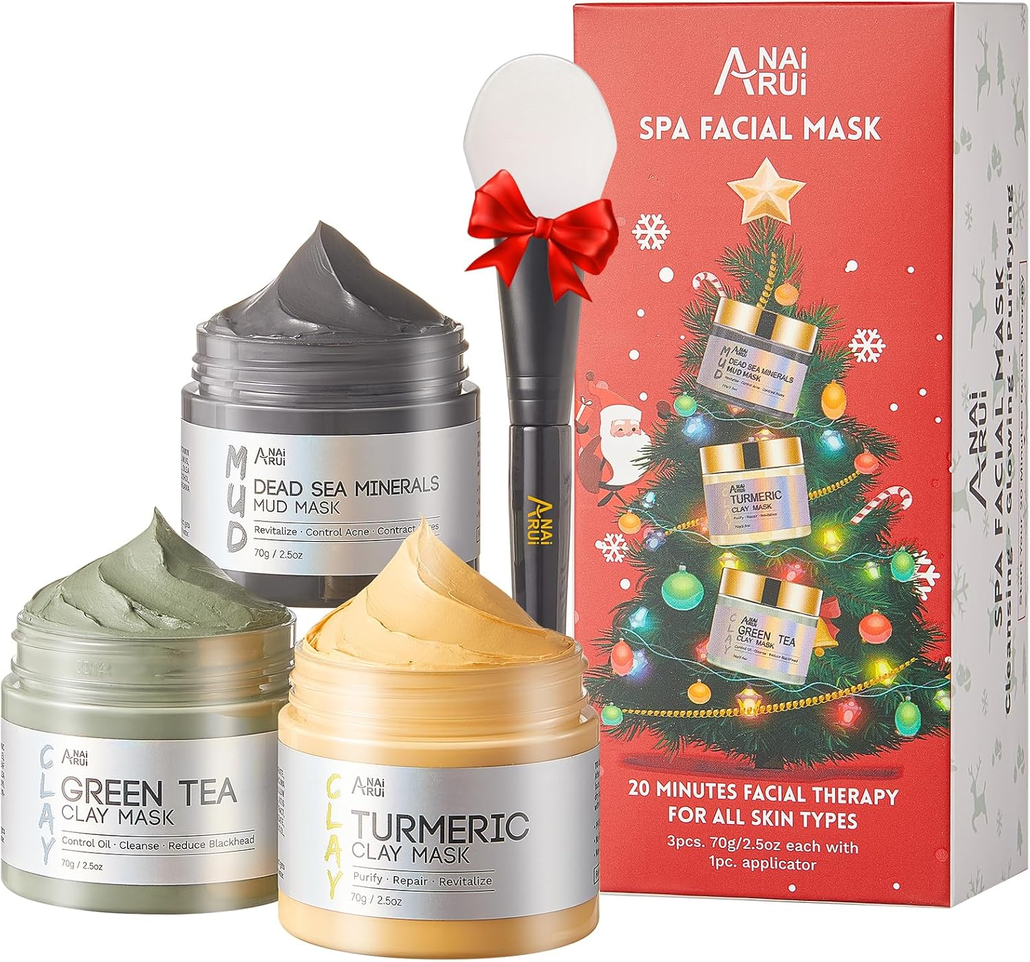 ANAI RUI 3 Pack Face Mask Gift Set,Christmas Facial Mask Set,Turmeric Clay Mask - Green Tea Mud Mask - Dead Sea Minerals Mud Mask Stocking Stuffers for Women &Teen Girl 2.5 Oz Each image number 4