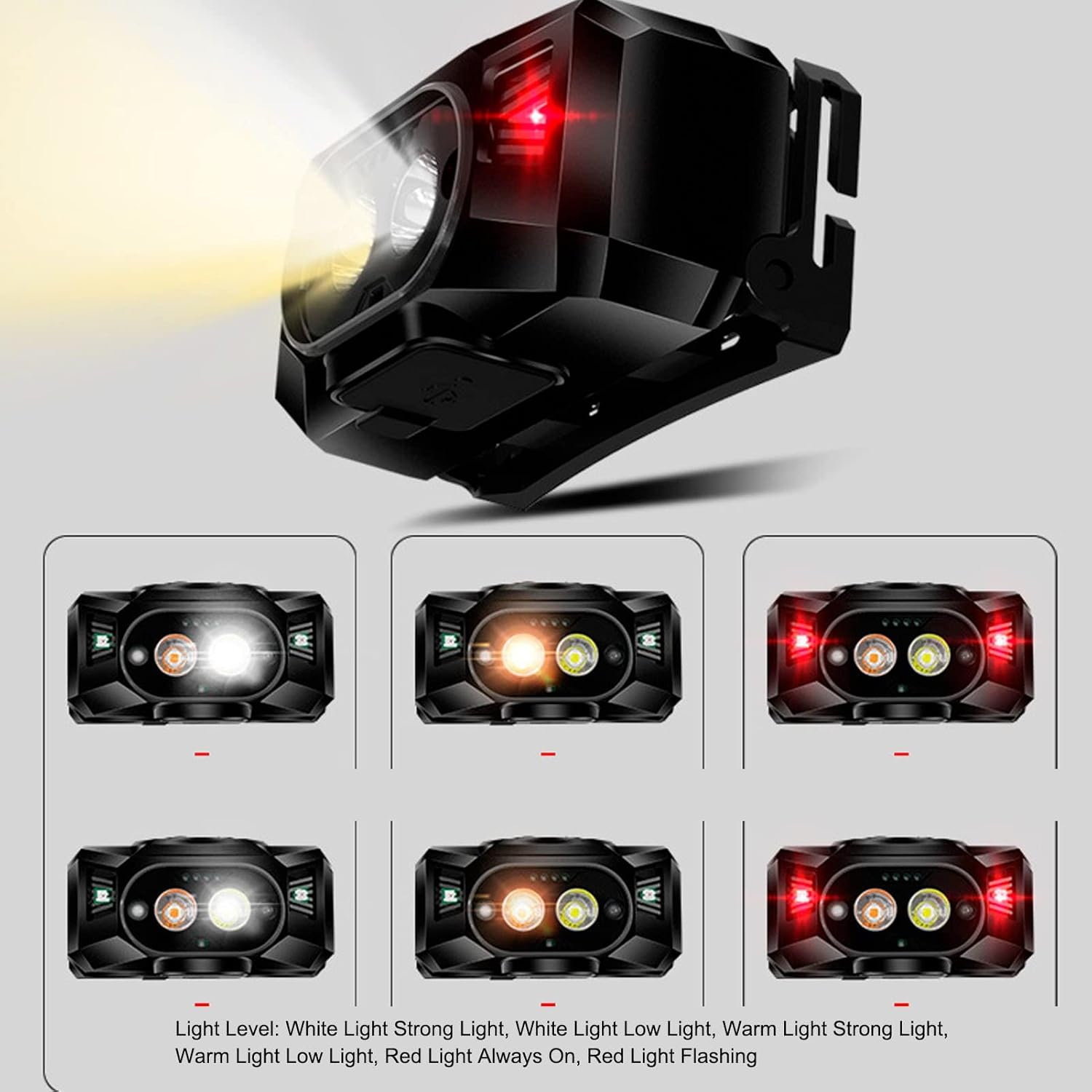 LED Sensor Headlamp Three Color Light Source Rechargeable Outdoor Strong Light Headlamp Running Camping ABS Headlamp White Warm Red Light image number 2