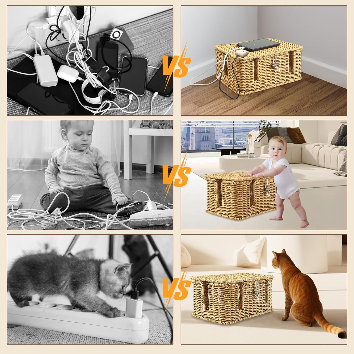 Handmade Rattan Cable Management Box,3 Open Slots Cords Hider Boxs, Safe Practical Cords Holder Functional Cable Organizer Solid under Desk Cord Hider Box for Home Using image number 4