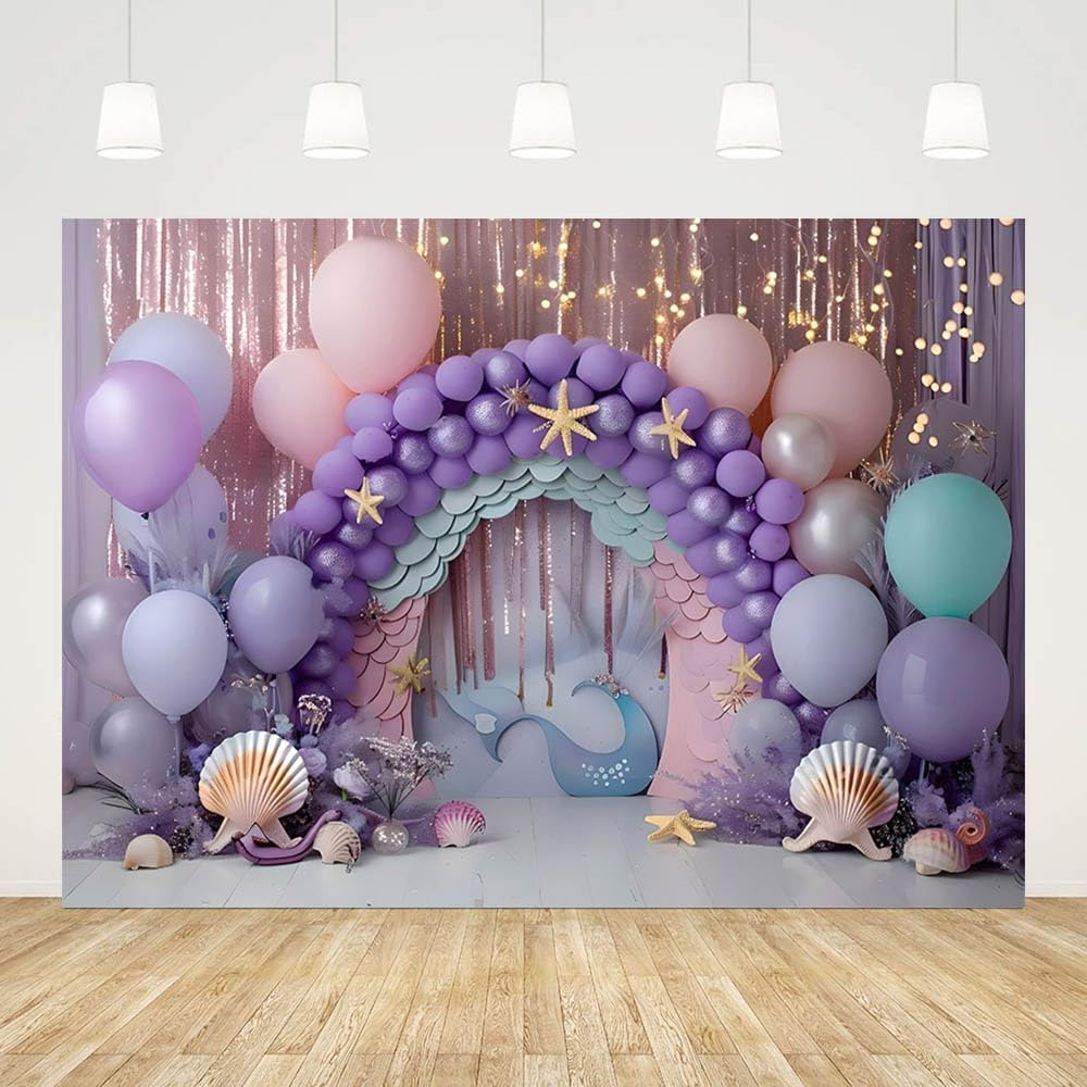 AIBIIN 7X5Ft Purple Balloons for Girls Birthday Ocean Shells Princess Cake Smash Party Banner Portrait Photo Props