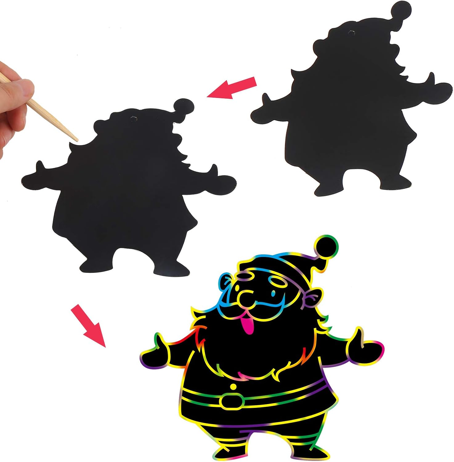 DERAYEE Pack of 48 Christmas Scratch Pictures Scratch Paper Set with Wooden Pens and Ribbons Rainbow Scratch Christmas Stockings Christmas Tree for Christmas Children Gift image number 2