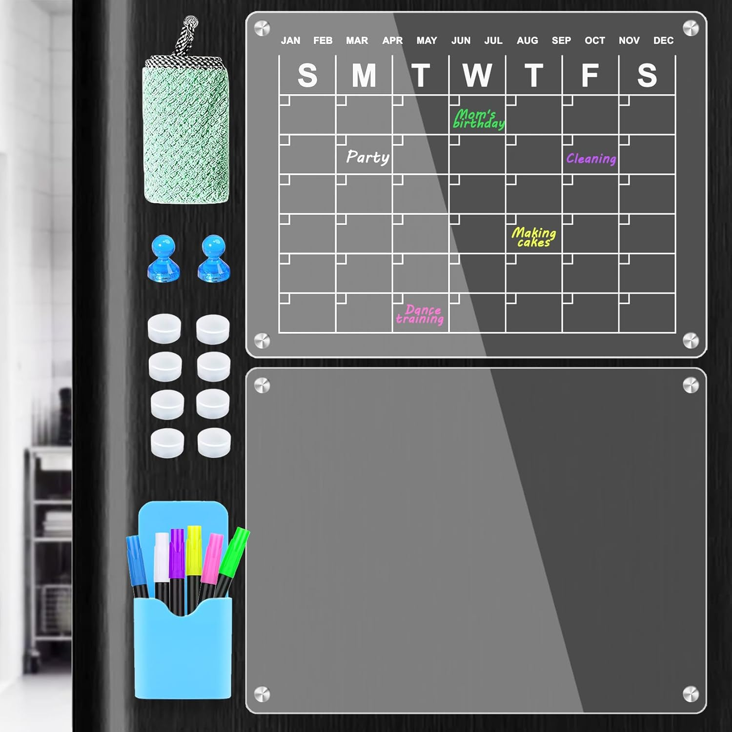 Acrylic Magnetic Fridge Calendar 2Pcs Clear Monthly Planner and Memo Board for Fridge 15.8" X 11.8" Reusable Organiser Board Includes 6 Wet Erase Markers, Markers Holder, Wipe Cloth image number 6