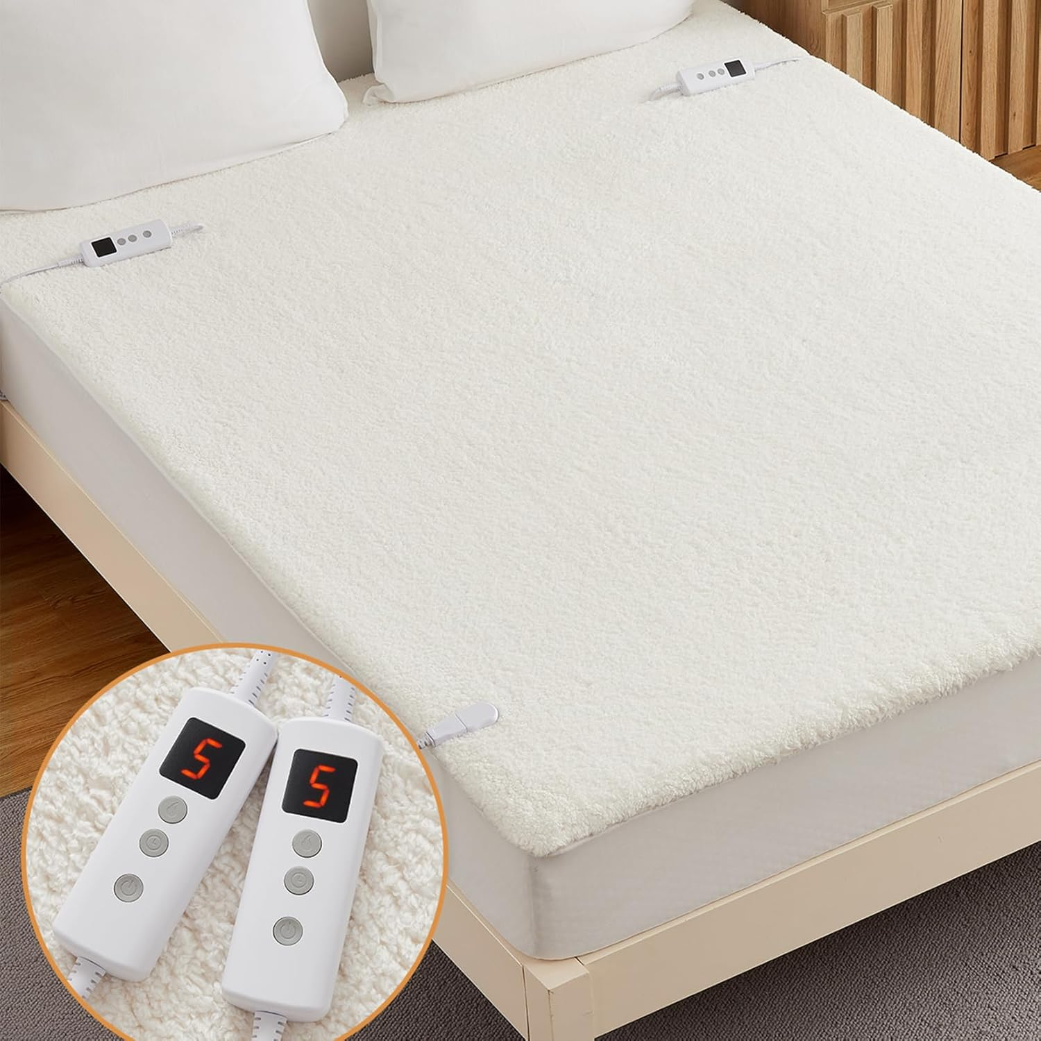 Dual Control Electric Blanket King, Faux Sherpa Fleece 350GSM Heated under Blanket with 10 Heat Settings & 1-9H Auto-Off, Fully Fitted Electric Mattress Pad, Overheat Protection, Machine Washable image number 6