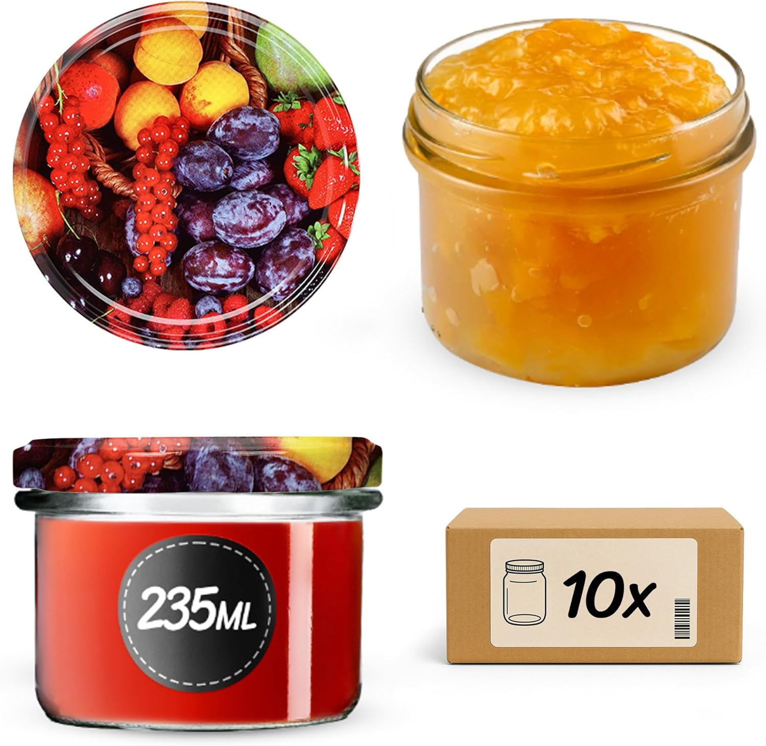 KADAX Glass Jars 235 Ml, Small Preserving Jars with Metal Lids for Homemade Jam, Marmalade and Honey, Jars for Storing Spices and Herbs (Fruits, Set of 10)