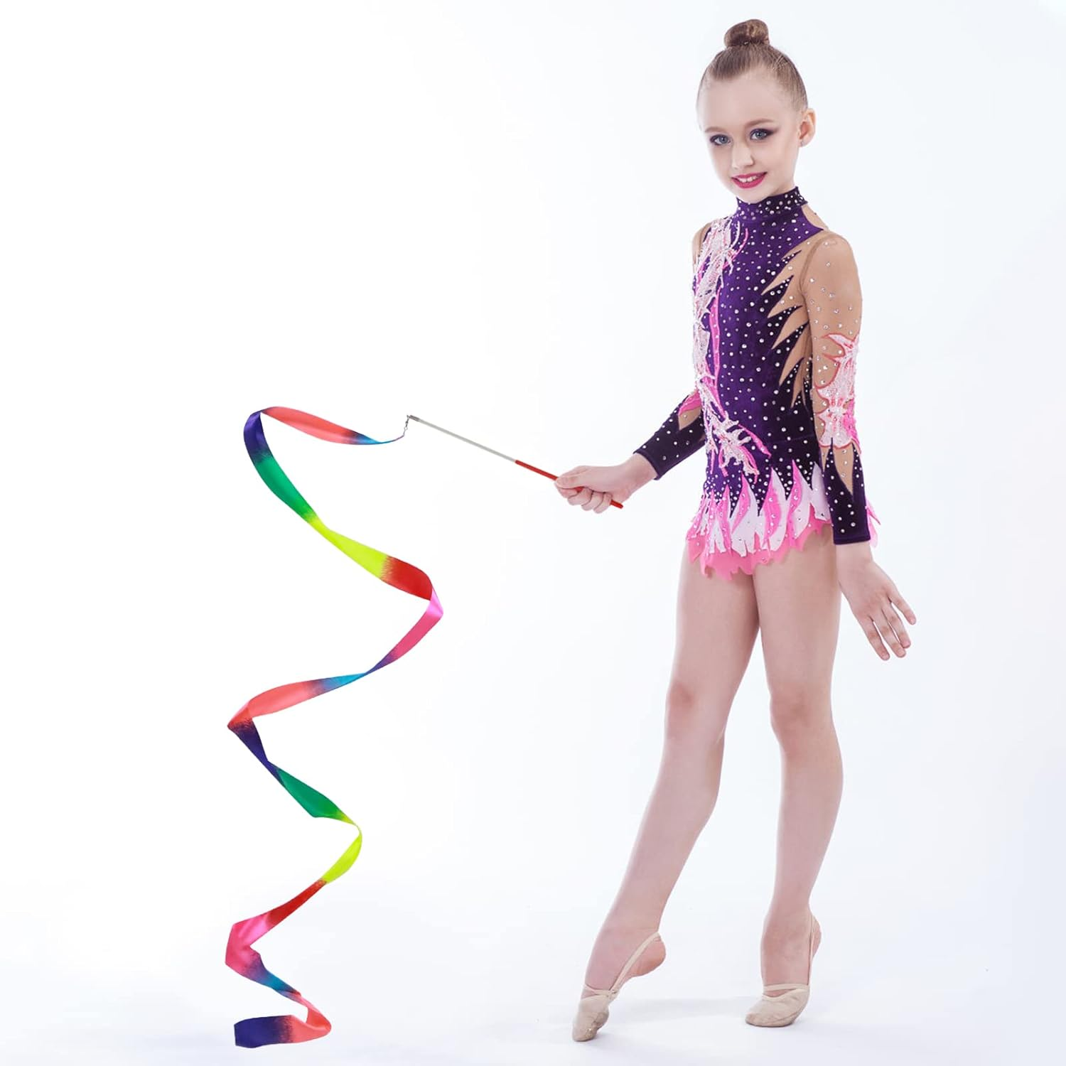 Abeillo 2Pcs Rhythmic Dance Ribbons, 78.7 Inch Gymnastics Ribbon Wand Dancing Ribbon Streamers for Kids, Fits Artistic Dancing Gymnastics, Circus Carnival Shows, Baton Stick Twirling image number 1